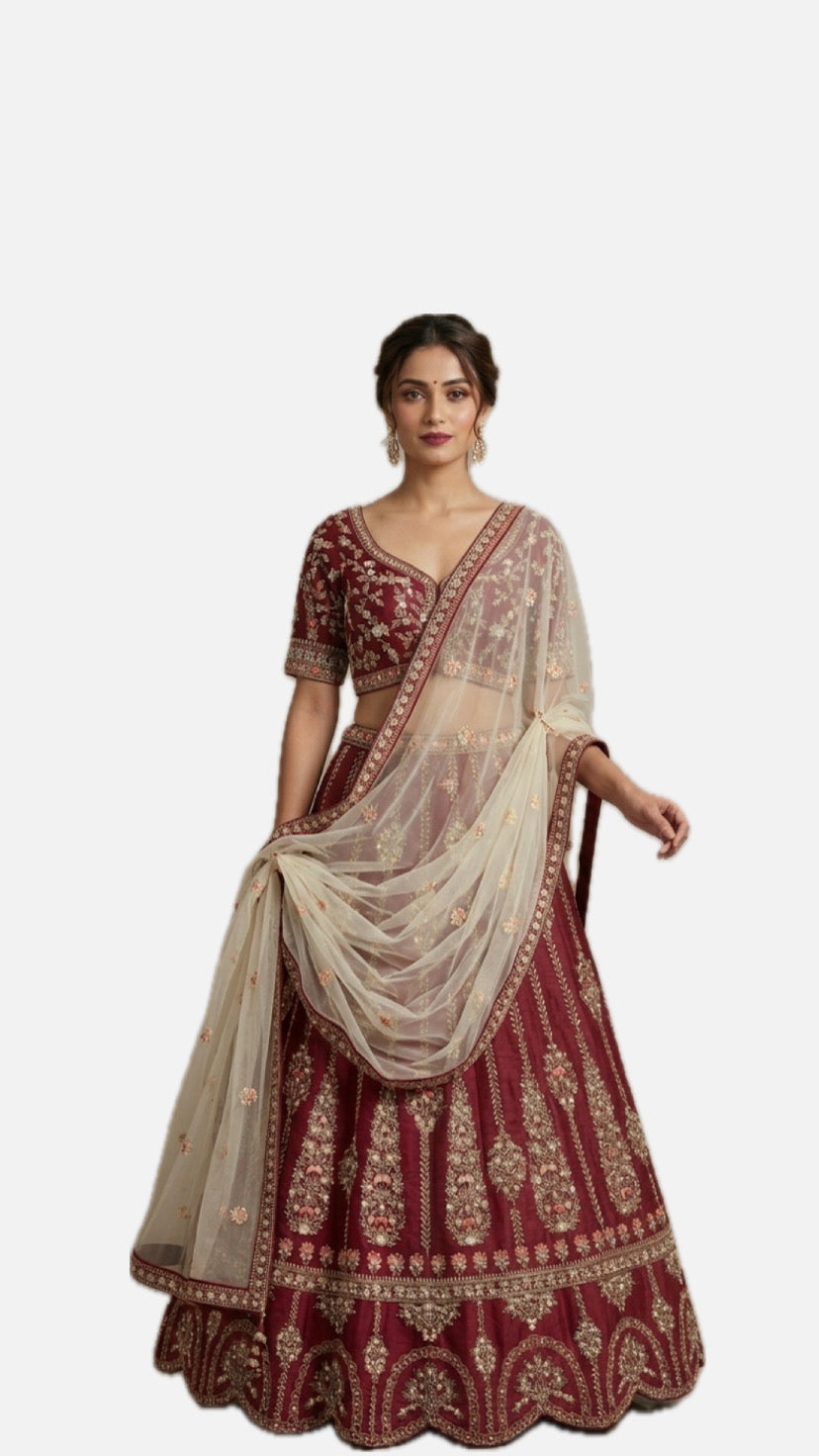 Maroon Embroidered Bridal Lehenga Choli