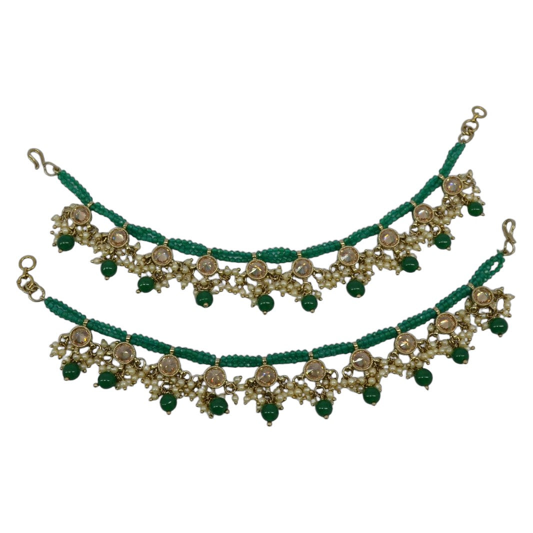 Green Bead Kundan Ear Chain (Kaanchain)