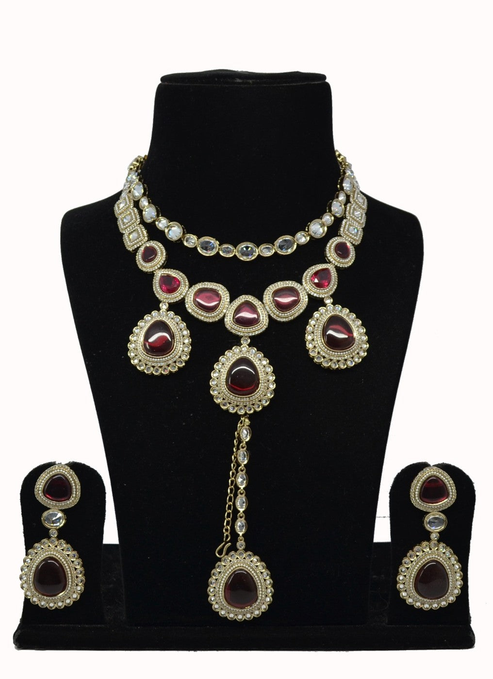 Maroon Kundan Teardrop Necklace Set