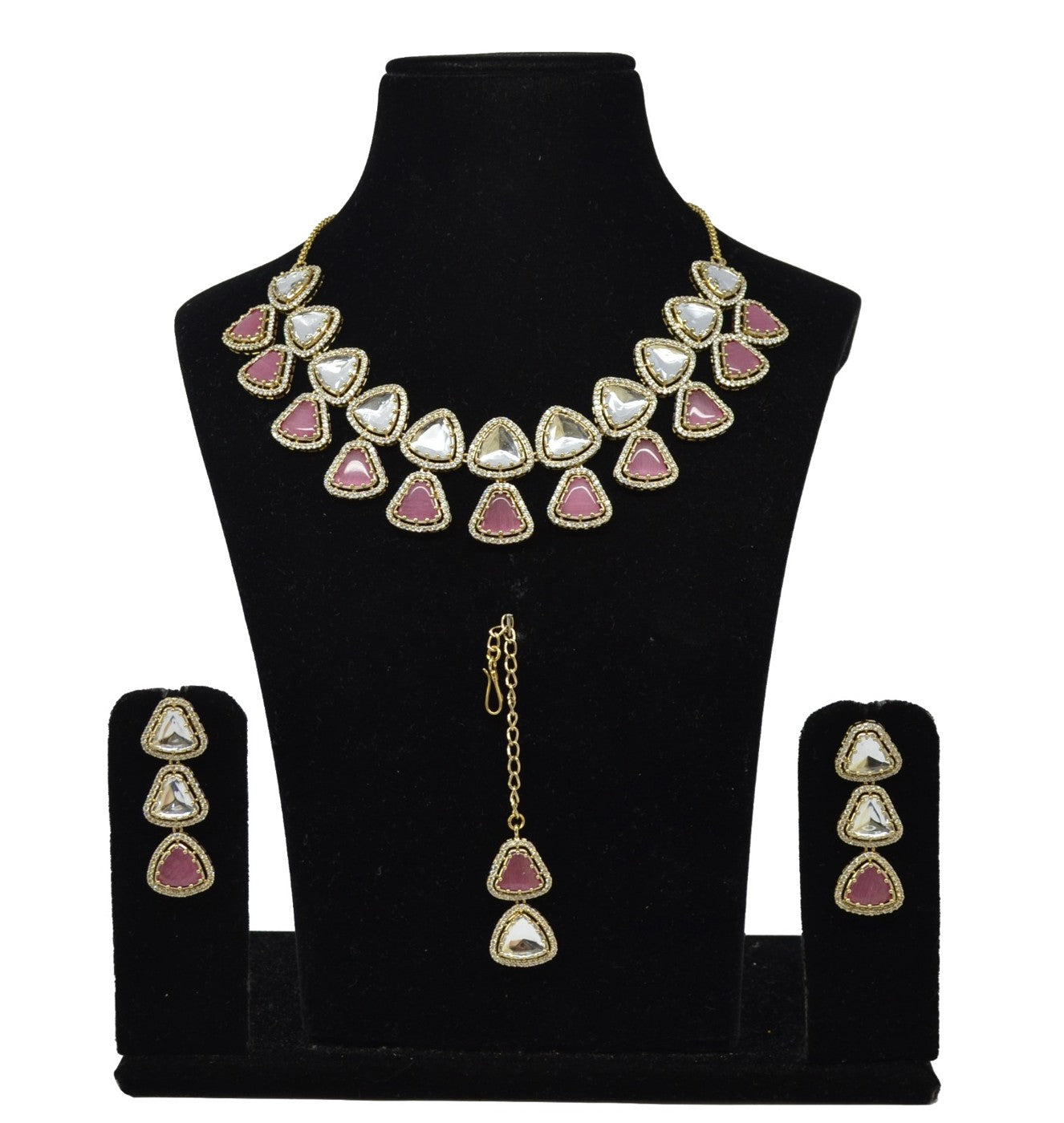 Pink & White Kundan Trillion Necklace Set