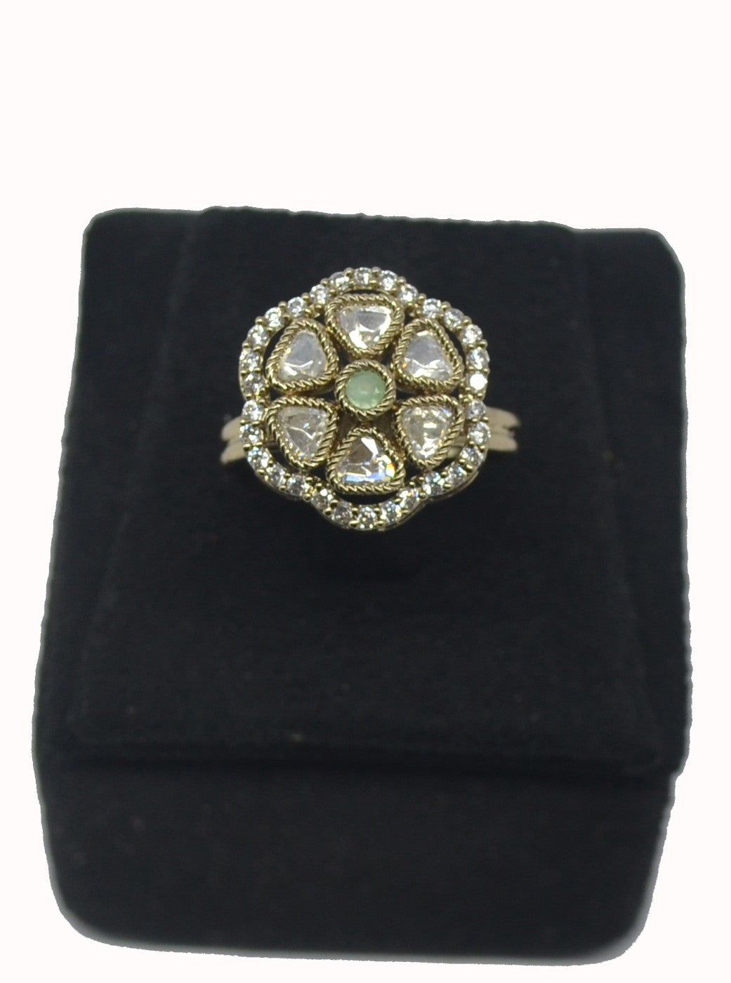 Kundan Flower CZ Halo Ring