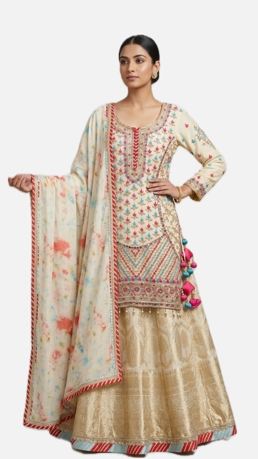Cream & Blue Embroidered Lehenga Choli