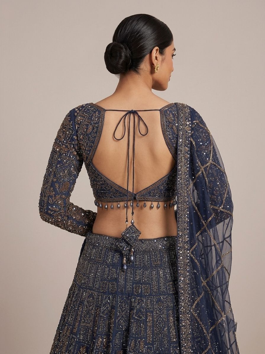 A Yashwanti London women's bridal lehenga choli in a deep navy-blue base, detailed with antique copper and gold embroidery in geometric and floral motifs accented with sequins and bead work. The fitted choli has a sweetheart neckline, full sleeves, and a deep open back fastened with a tie-up dori and beaded latkan drops. The flared A-line skirt carries dense panelled embroidery that builds into a broad ornamental hem, paired with a sheer net dupatta finished in diamond-lattice gota detailing.