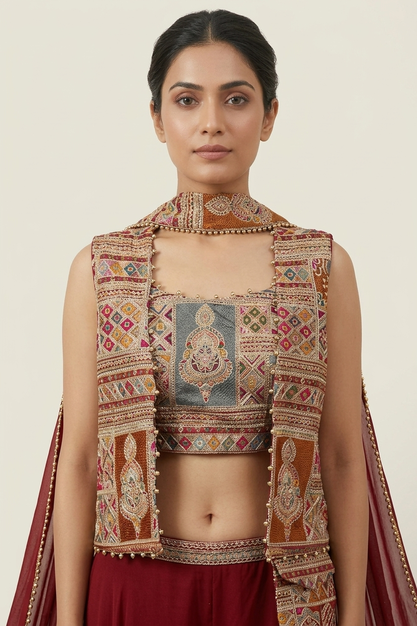 Wine Embroidered Crop Top Palazzo Set – Style 260