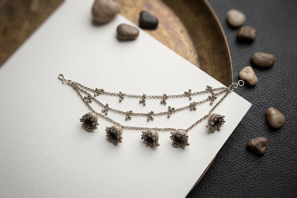 Oxidised Silver-Tone Sahara-Style Layered earing support chain with Jhumka Bell Charms