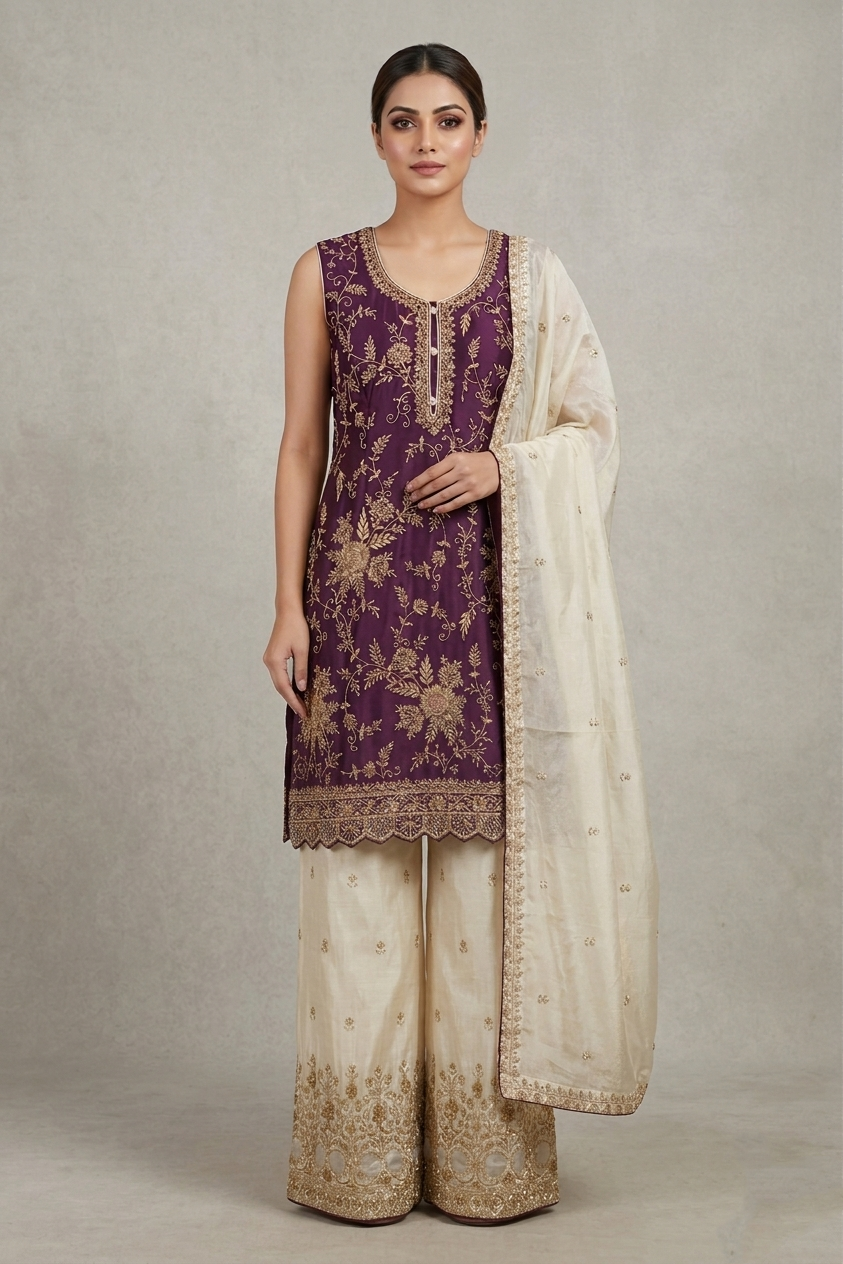 Violet Embroidered Sharara Suit Set