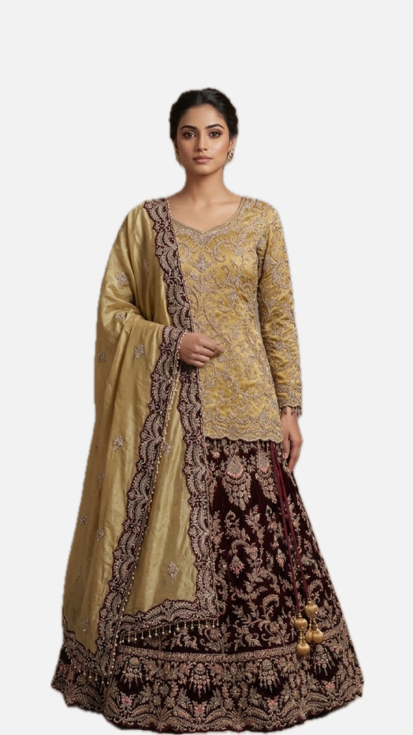 Gold & Maroon Zardozi Bridal Lehenga Choli