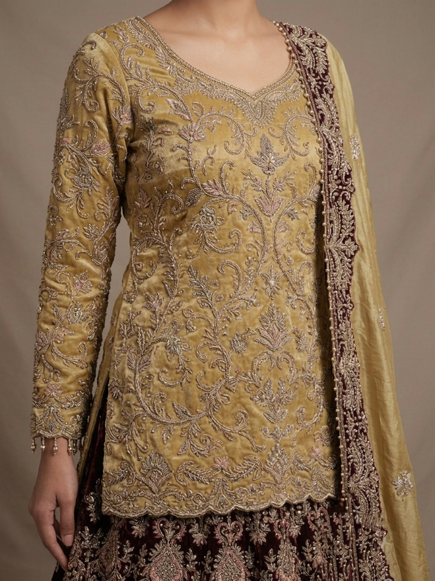 Gold & Maroon Zardozi Bridal Lehenga Choli