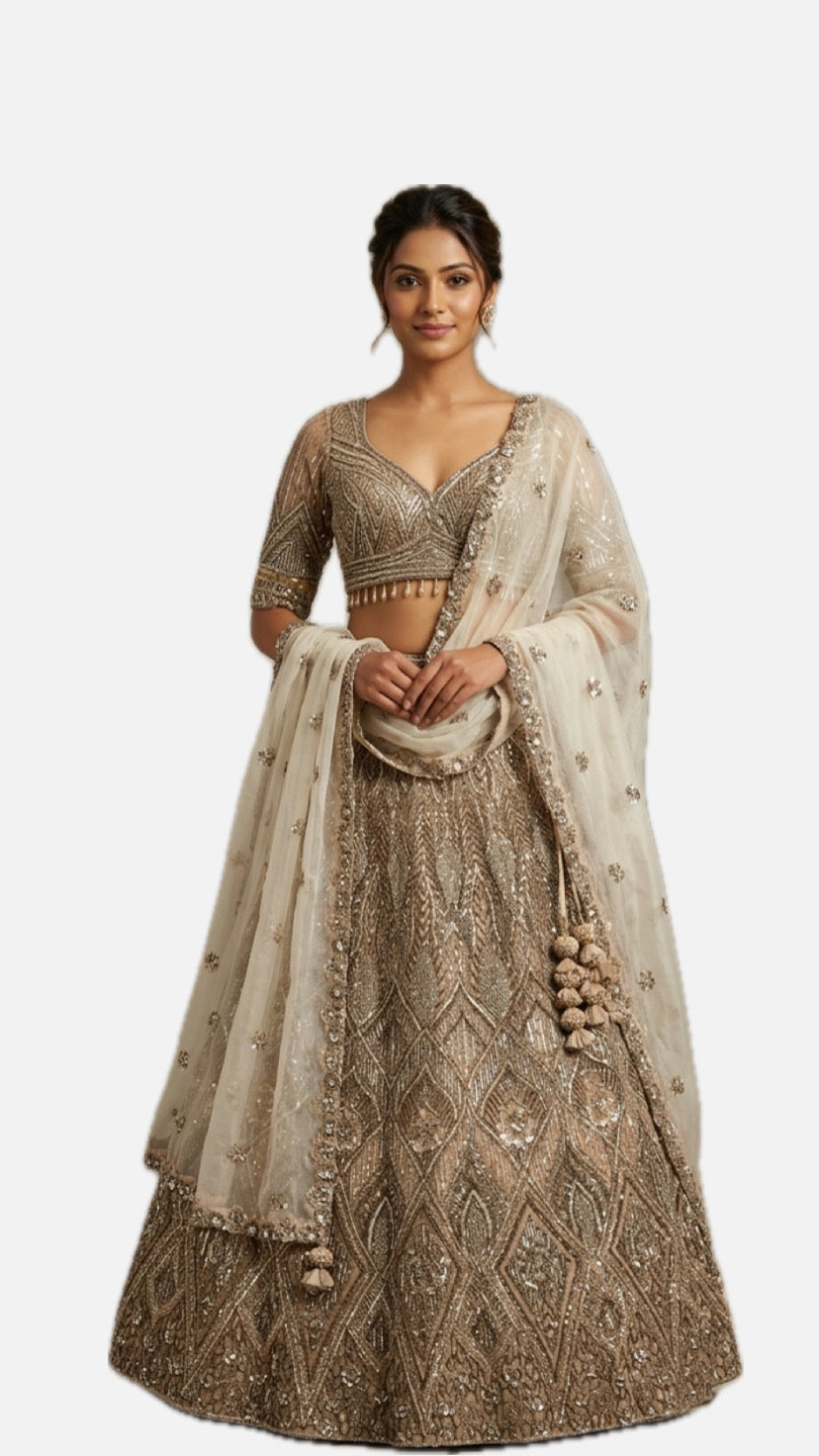 Khaki Embroidered Bridal Lehenga Choli