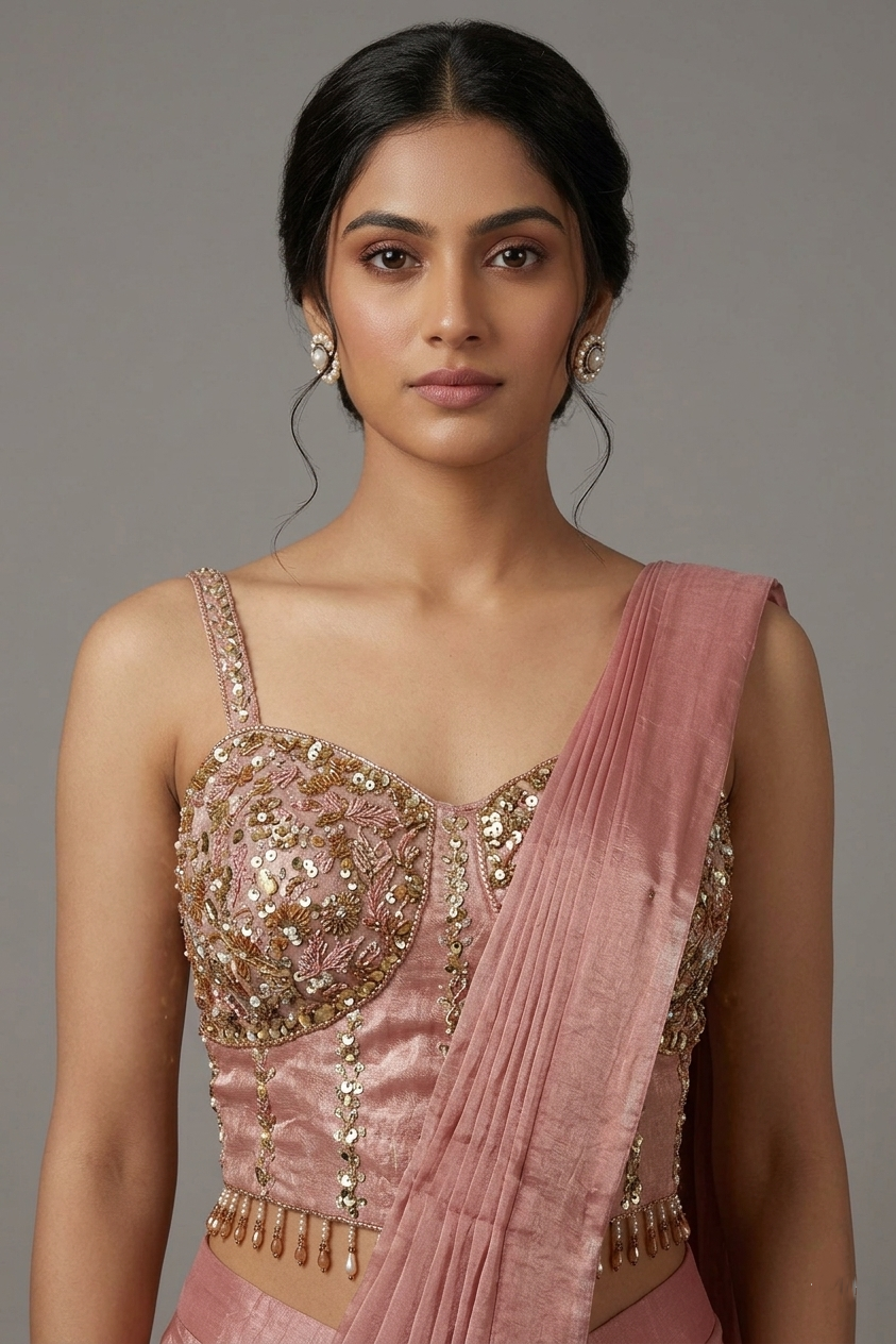 Onion Pink Sequin Readymade Saree