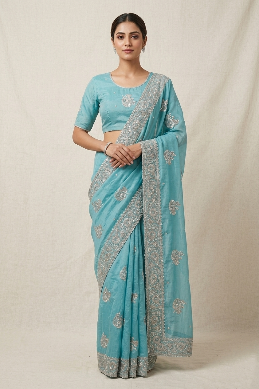Sea Blue Zardozi Saree