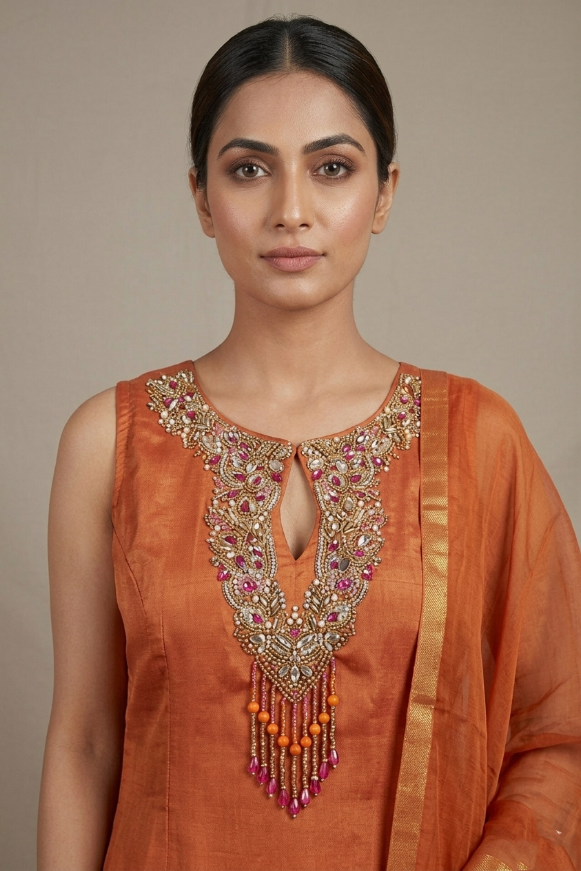 Orange Embroidered Kurta Suit Set