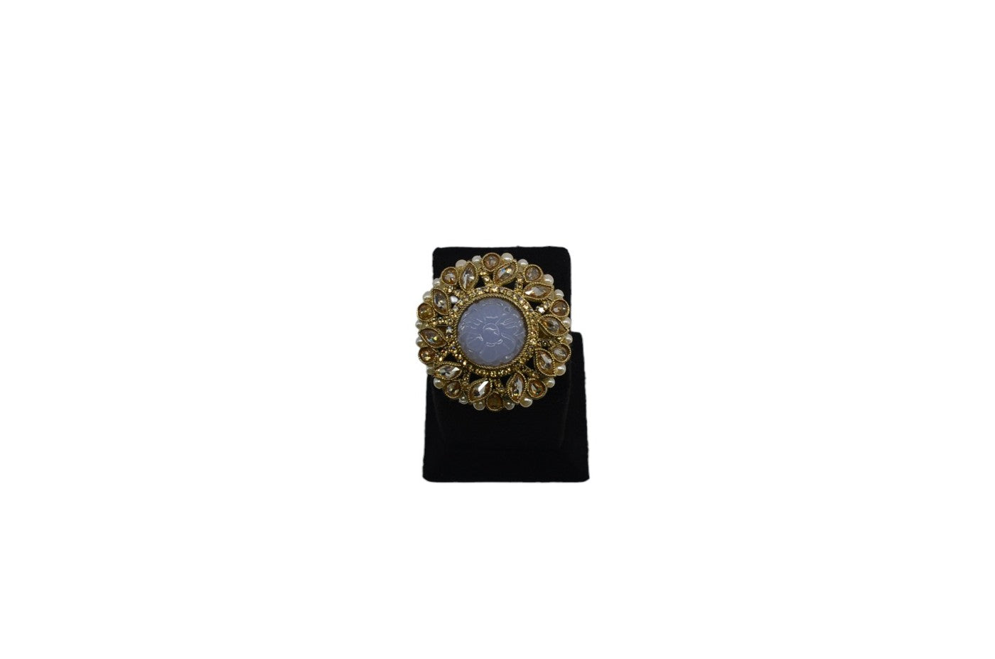 Carved Stone Kundan Pearl Cocktail Ring