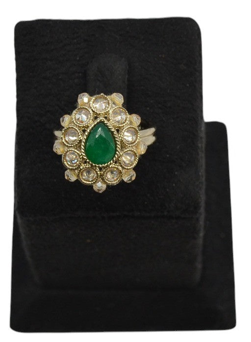 Green Teardrop Kundan Halo Ring