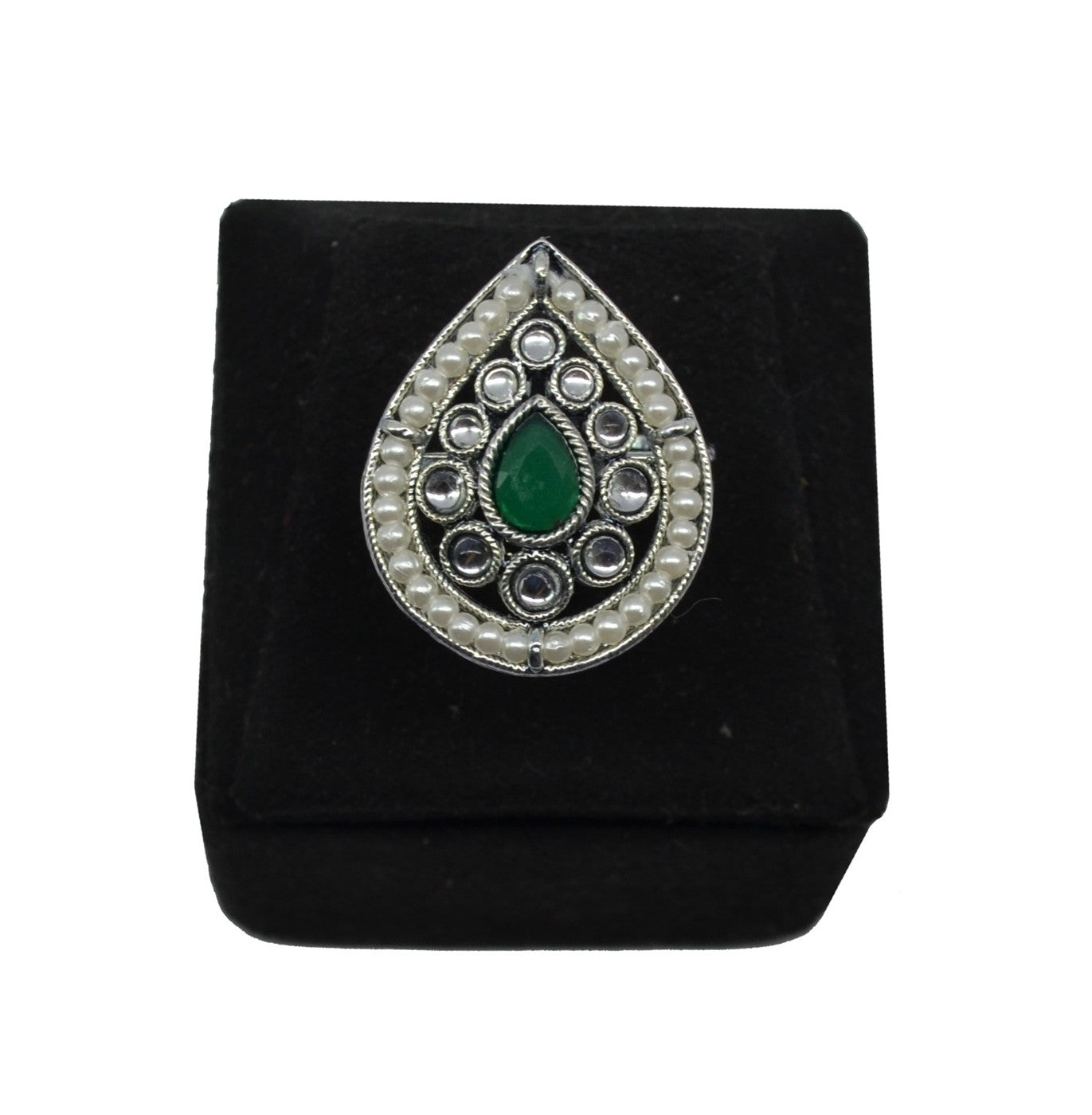 Green Stone Pearl Teardrop Oxidised Ring