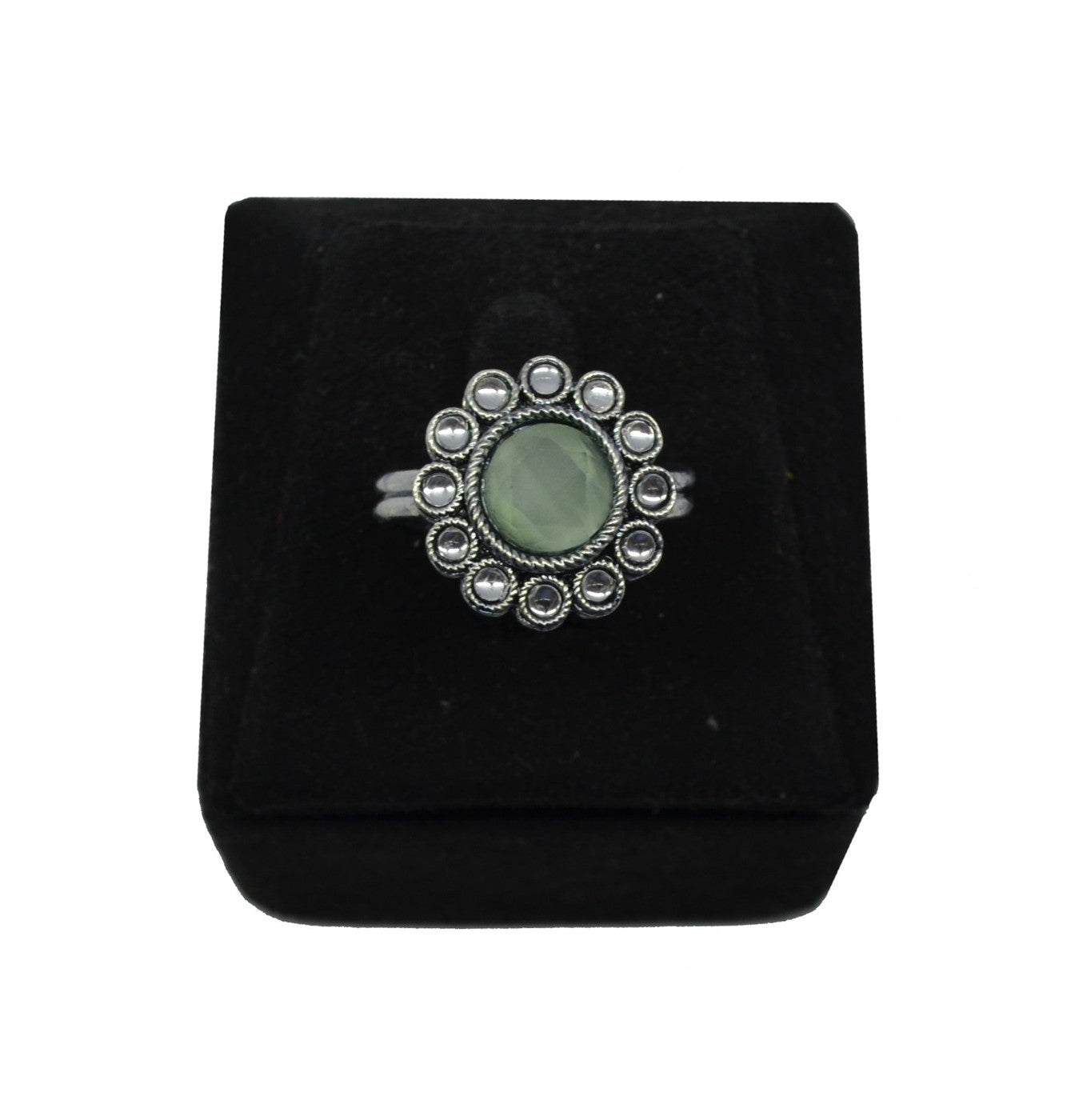 Green Stone Oxidised Flower Ring