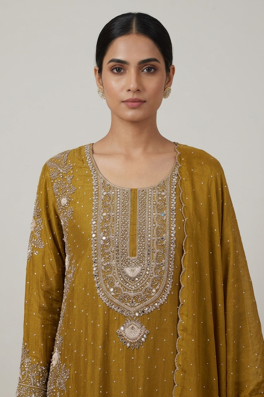 Mustard Embroidered Sharara Suit Set