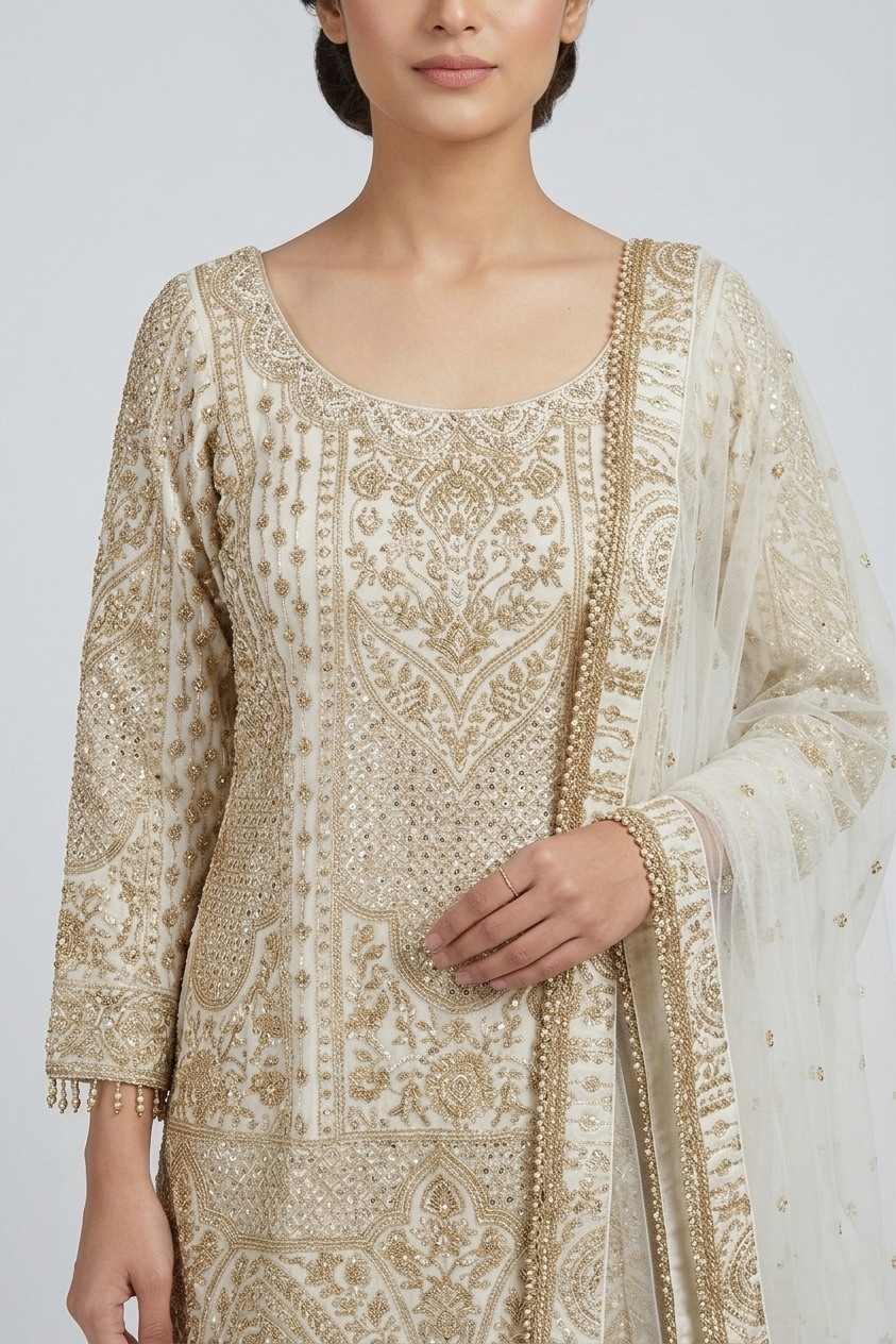 White Embroidered Sharara Suit Set
