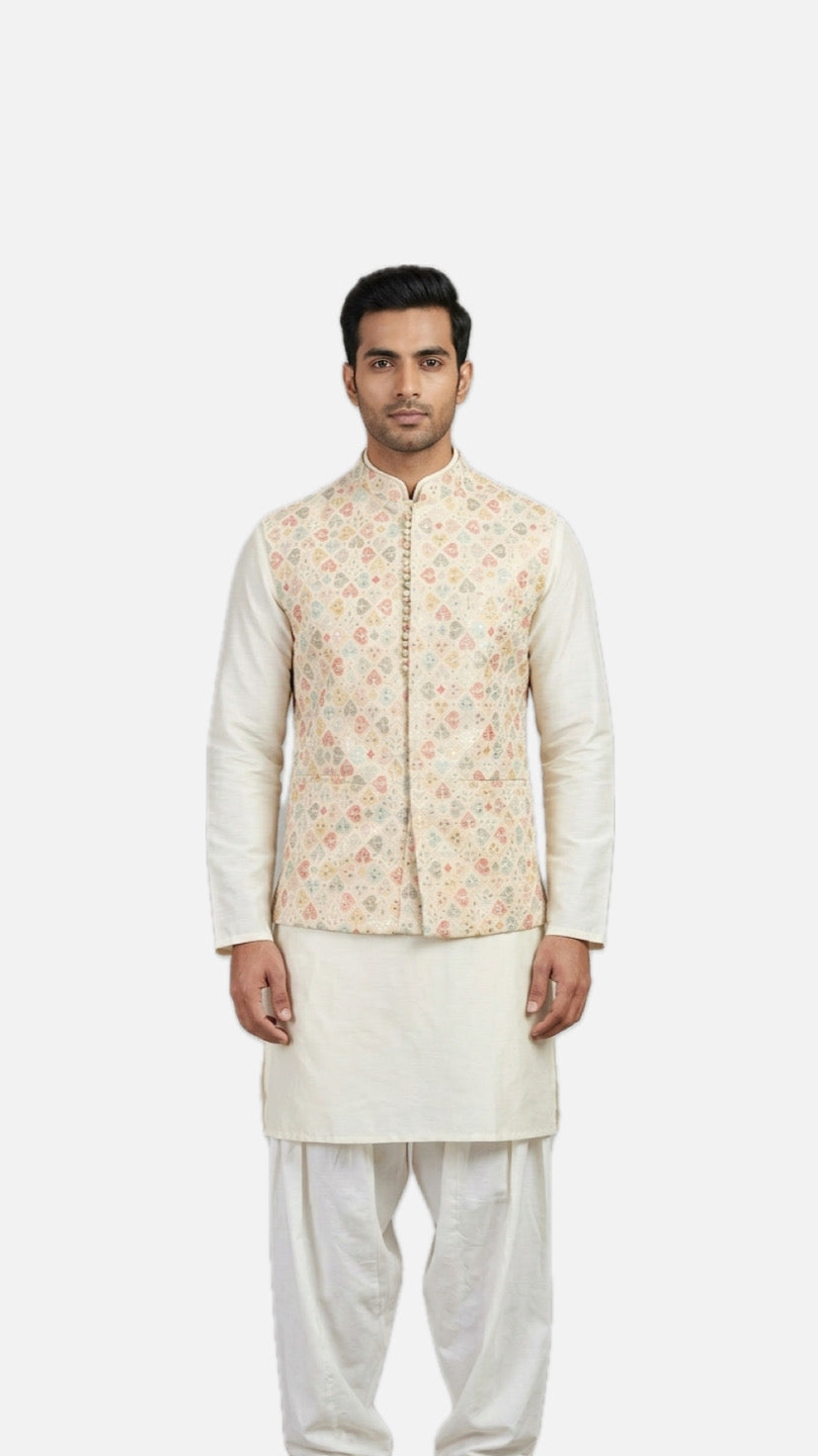 Cream Embroidered Nehru Jacket / Waistcoat