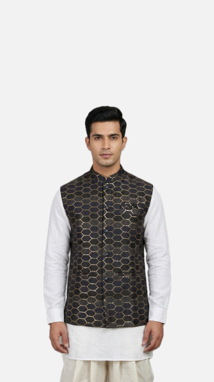 Black Embroidered Nehru Jacket / Waistcoat