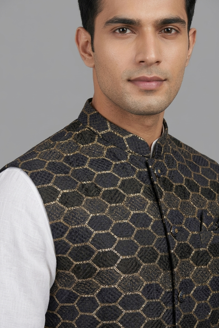 Black Embroidered Nehru Jacket / Waistcoat