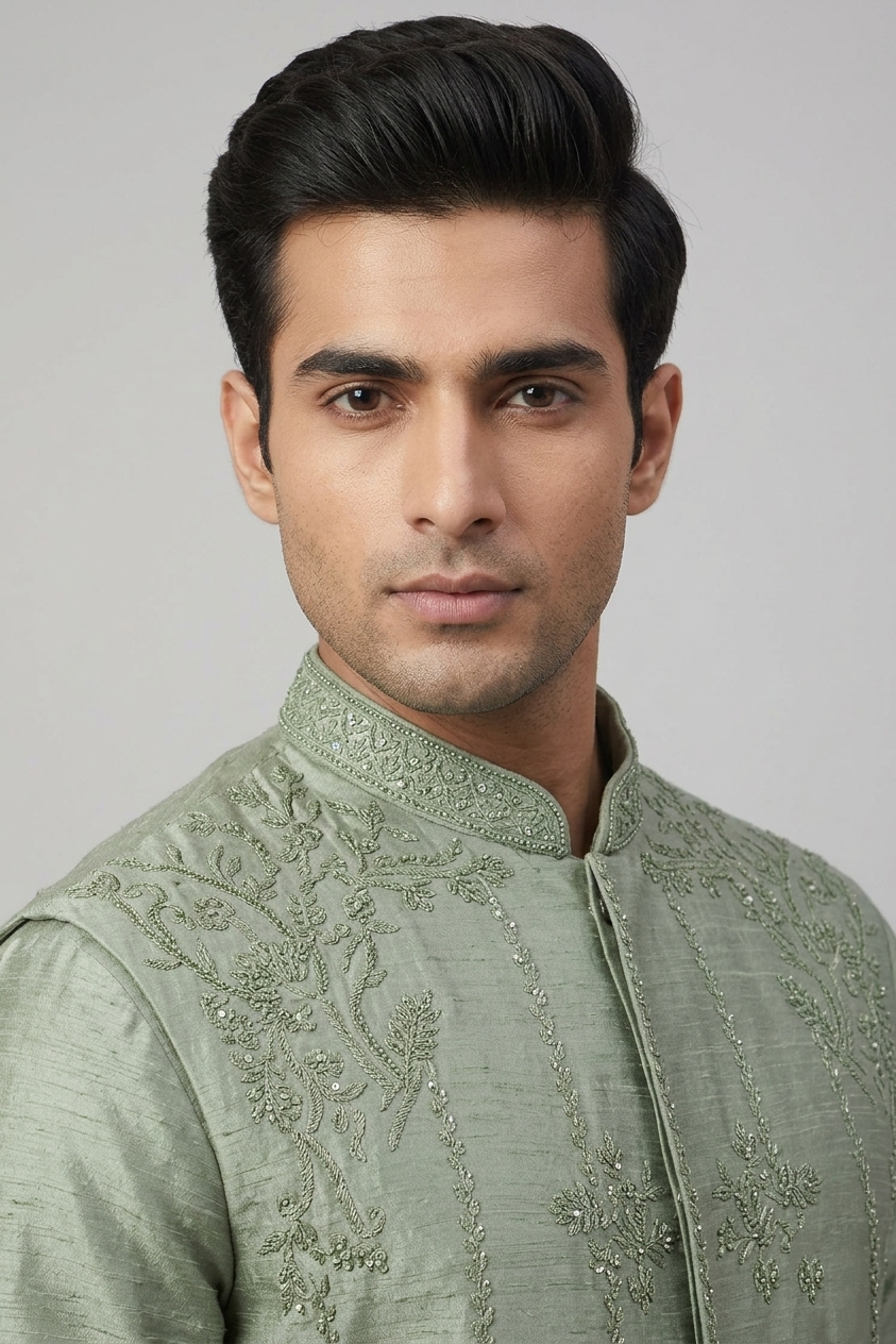Green Embroidered Nehru Jacket / Waistcoat – Style 833