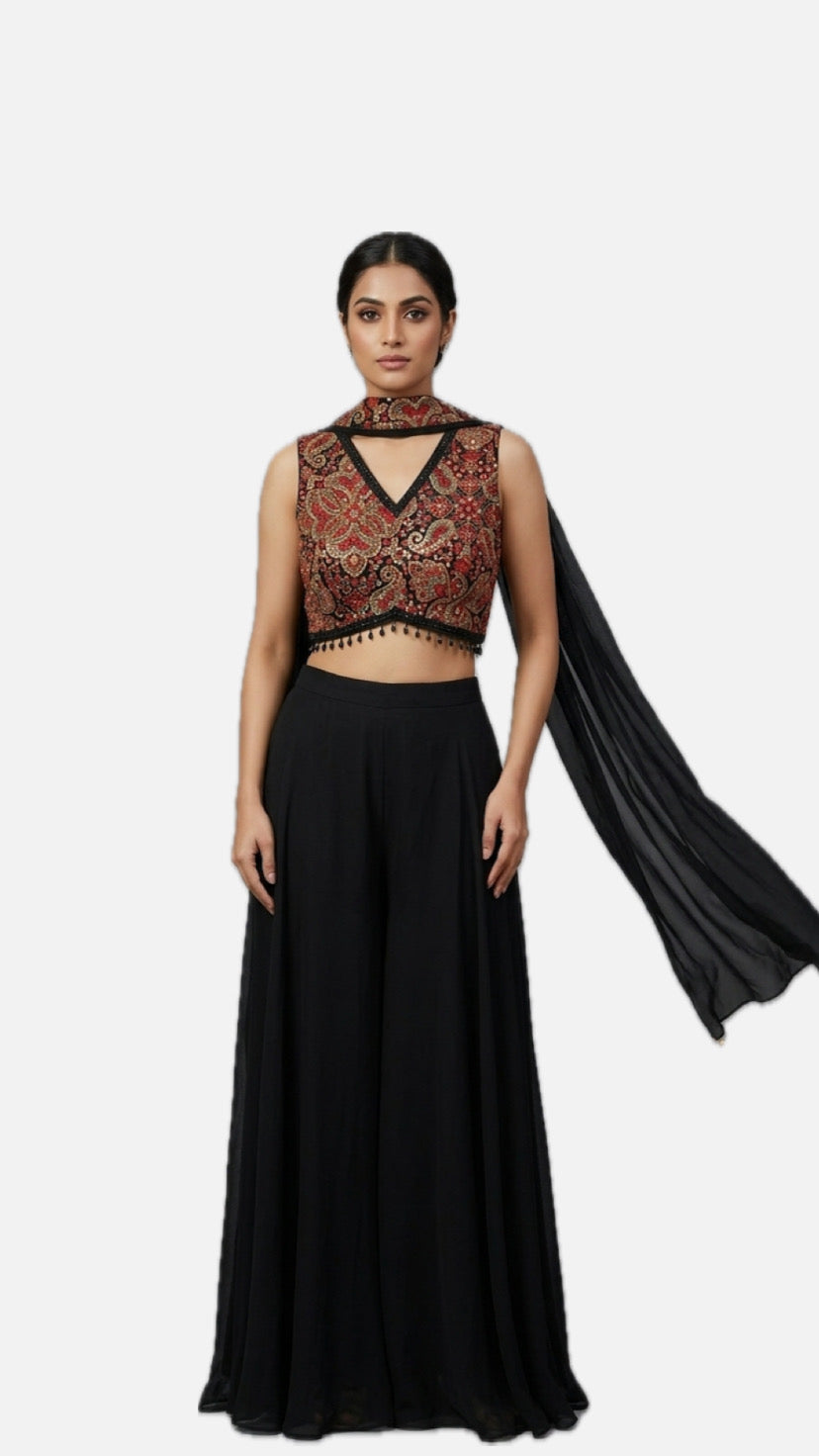 Black Embroidered Crop Top Palazzo Set
