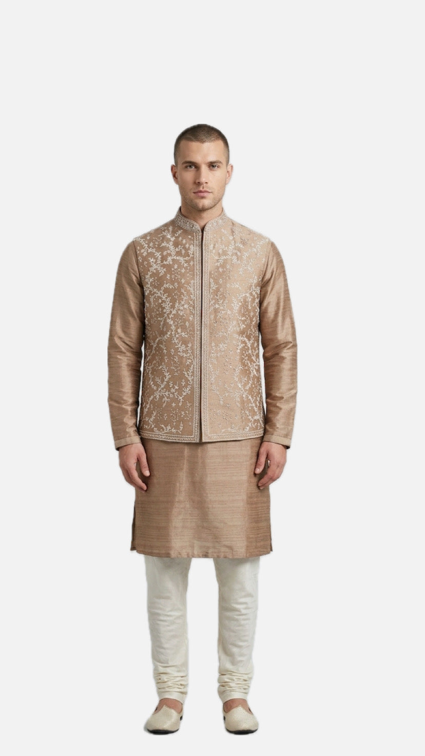 Beige Embroidered Nehru Jacket / Waistcoat
