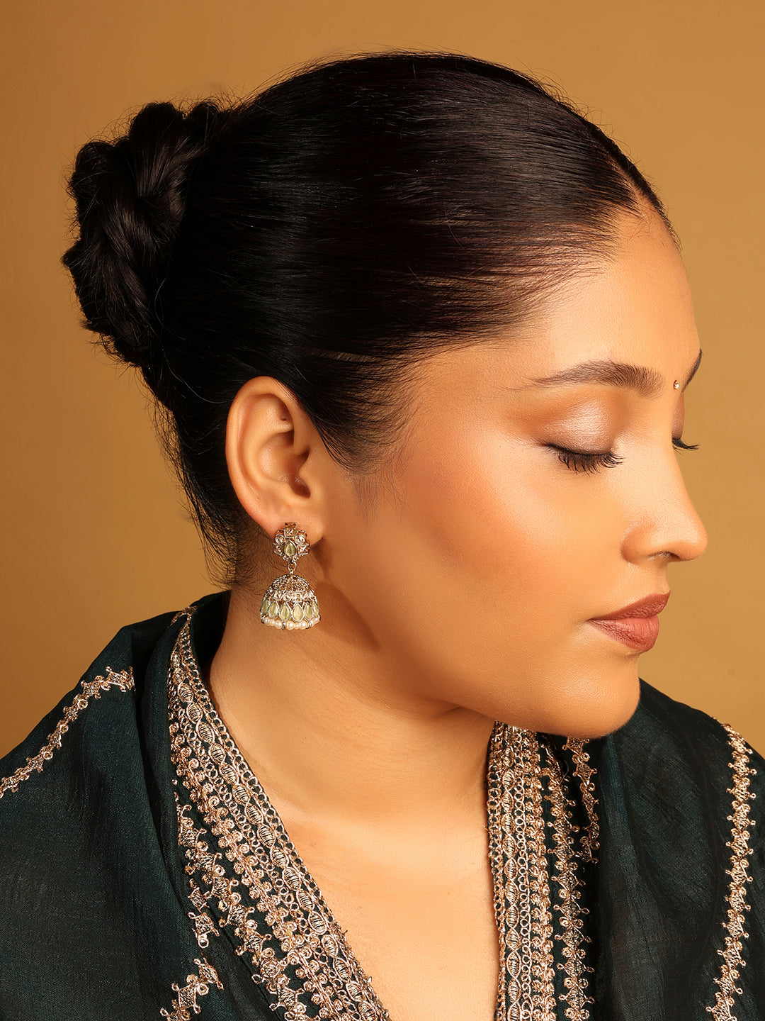 Oval Shape Sky Blue Uncut Kundan Stone Antique Gold Plated Jhumki Earrings - Sky Blue Jhumki Earrings by Yashwanti London