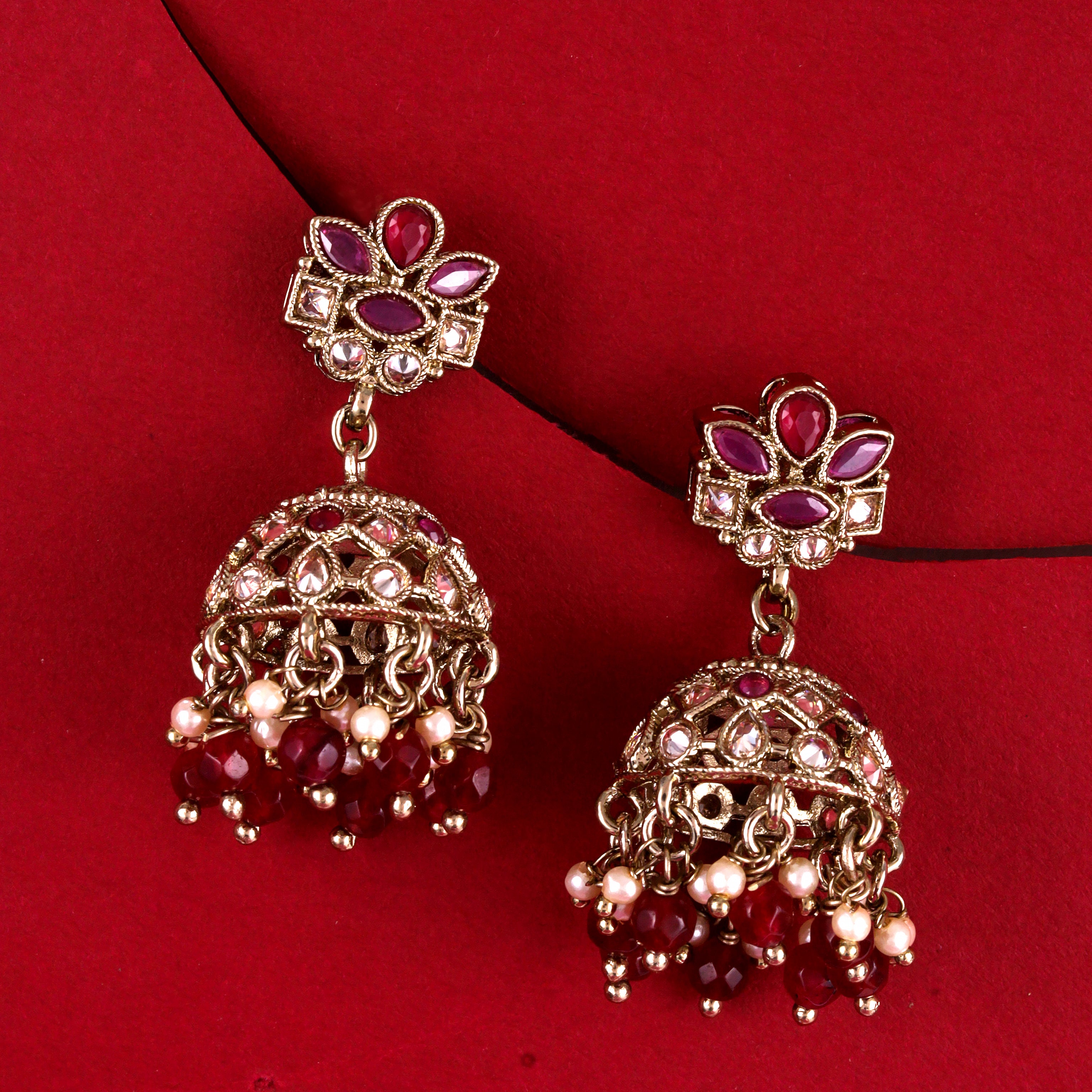 Flower Design Maroon Uncut Kundan Stone Antique Gold Plated Jhumki Earrings - Maroon Jhumki Earrings by Yashwanti London