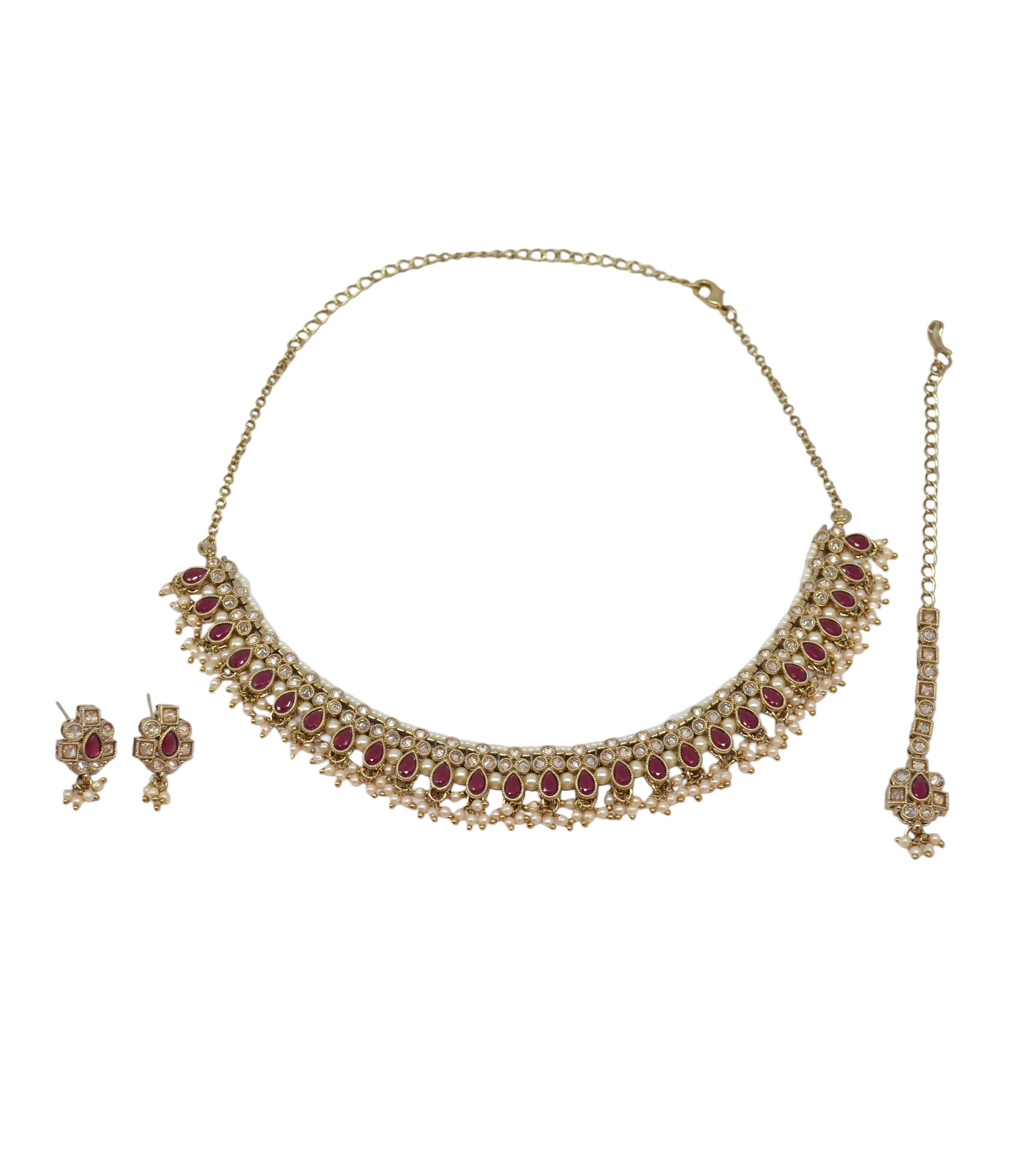 Pear Shape Pearl Guchha Uncut Kundan Antique Gold Plated Necklace Set With Maang Tikka - Red Necklace Set With Maang Tikka by Yashwanti London