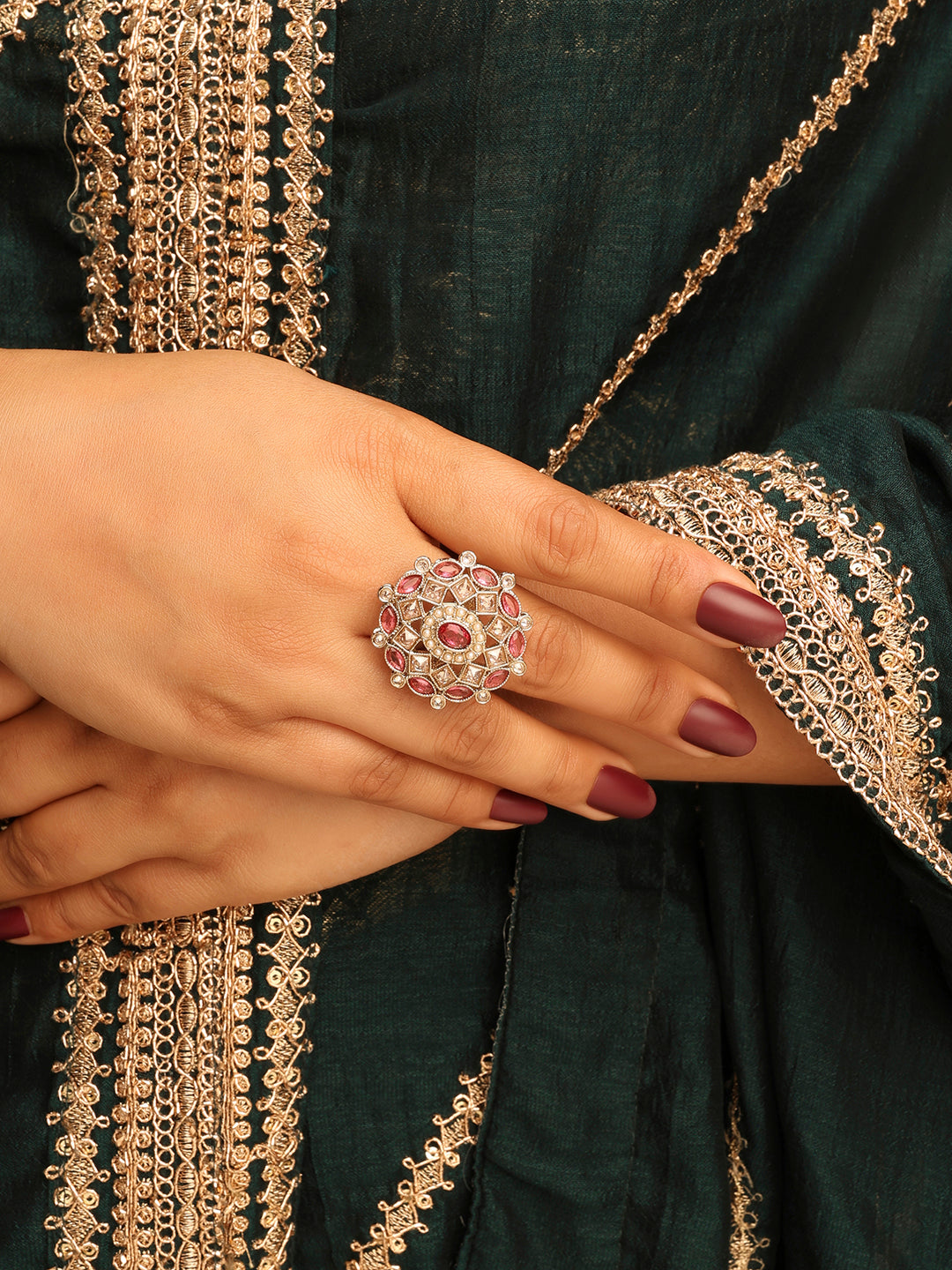 Round and Square Shape Uncut Kundan Gold Plated Adjustable Ring - Multi Adjustable Ring by Yashwanti London