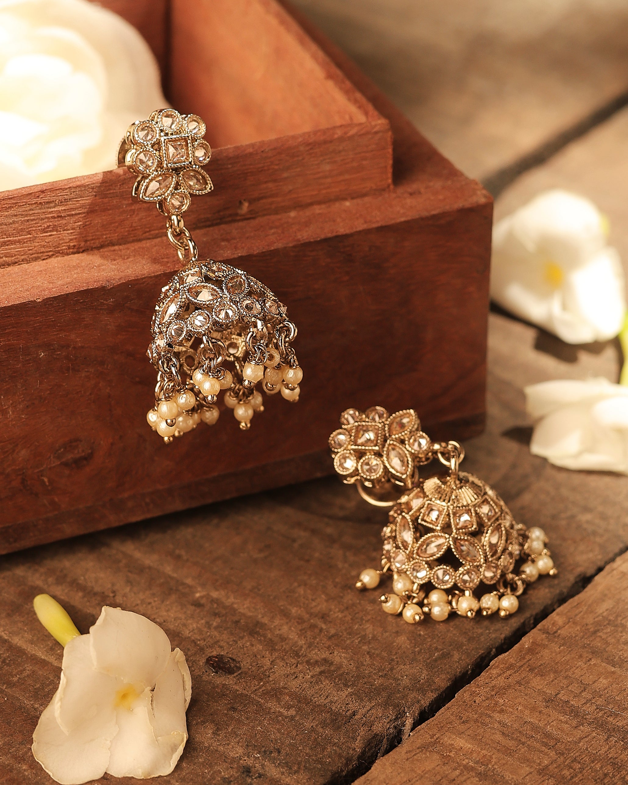 Round and Pear Shape Uncut Kundan Silver Plated Jhumki Earrings - Brown Jhumki Earrings by Yashwanti London