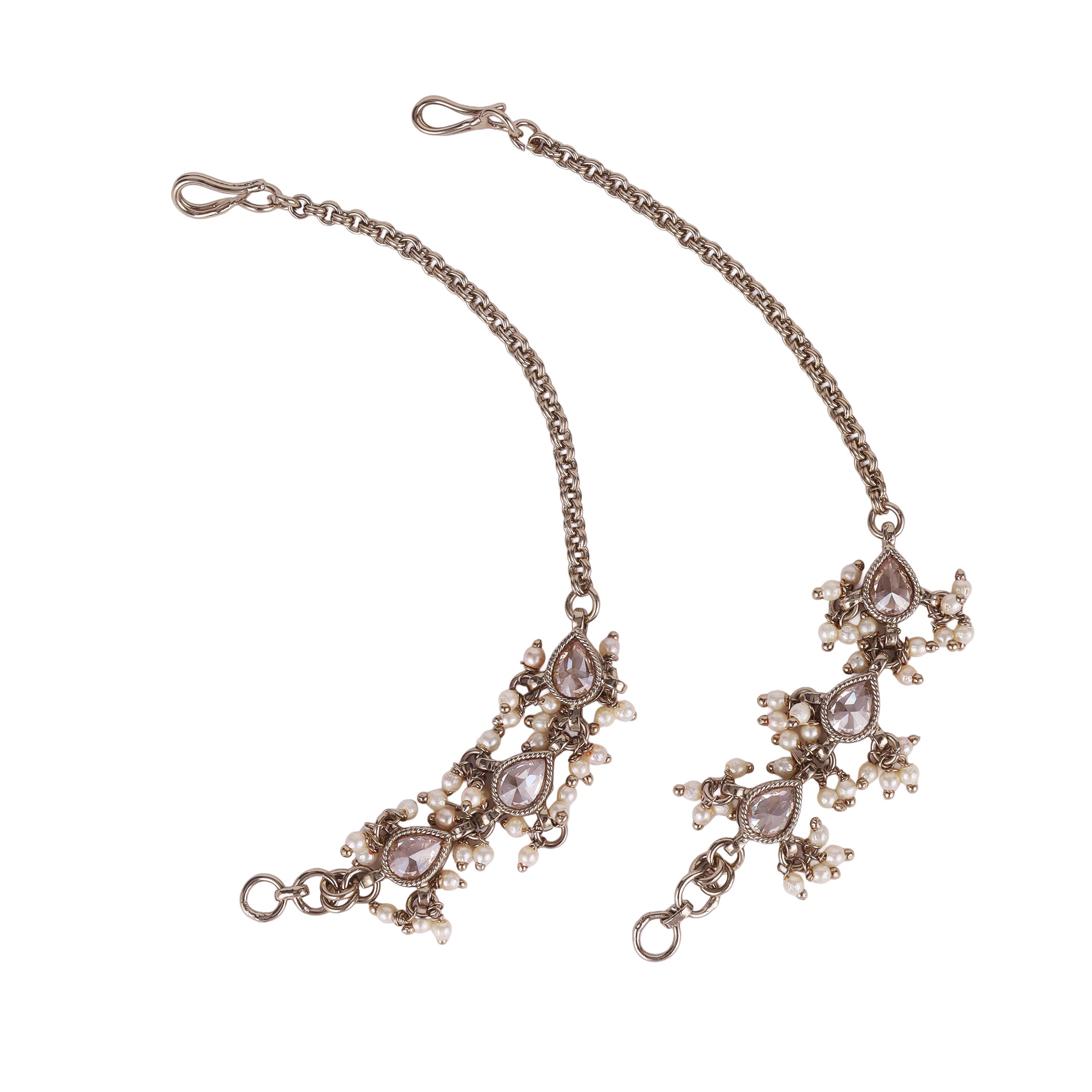 Oval Shape Long Chain Pearl/Kundan Gold Plated Ear Chain / Kaanchain - Brown Ear Chain / Kaanchain by Yashwanti London