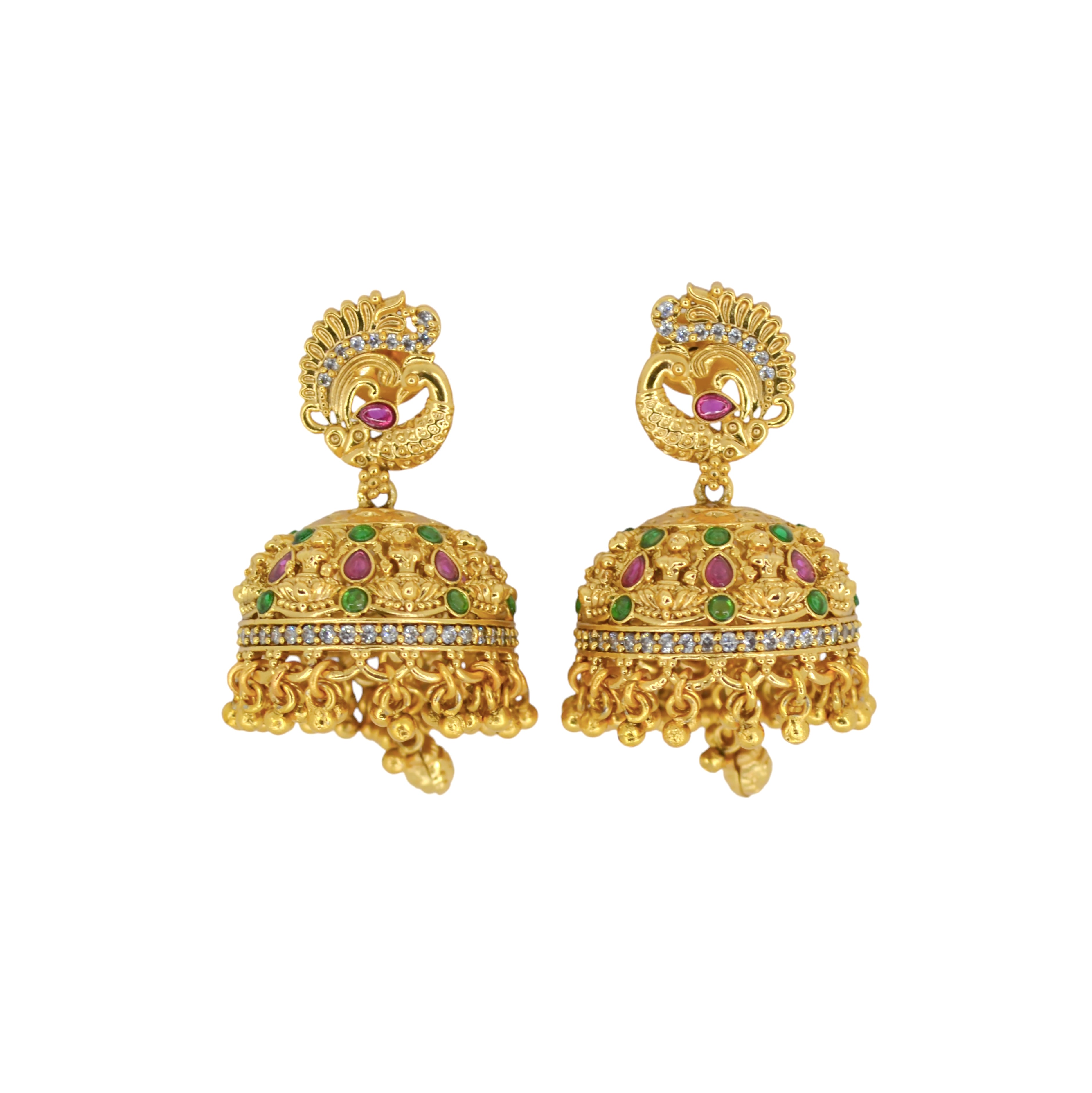 Peacock Design Uncut Kundan Gold Plated Jhumki Earrings - Multi Jhumki Earrings by Yashwanti London