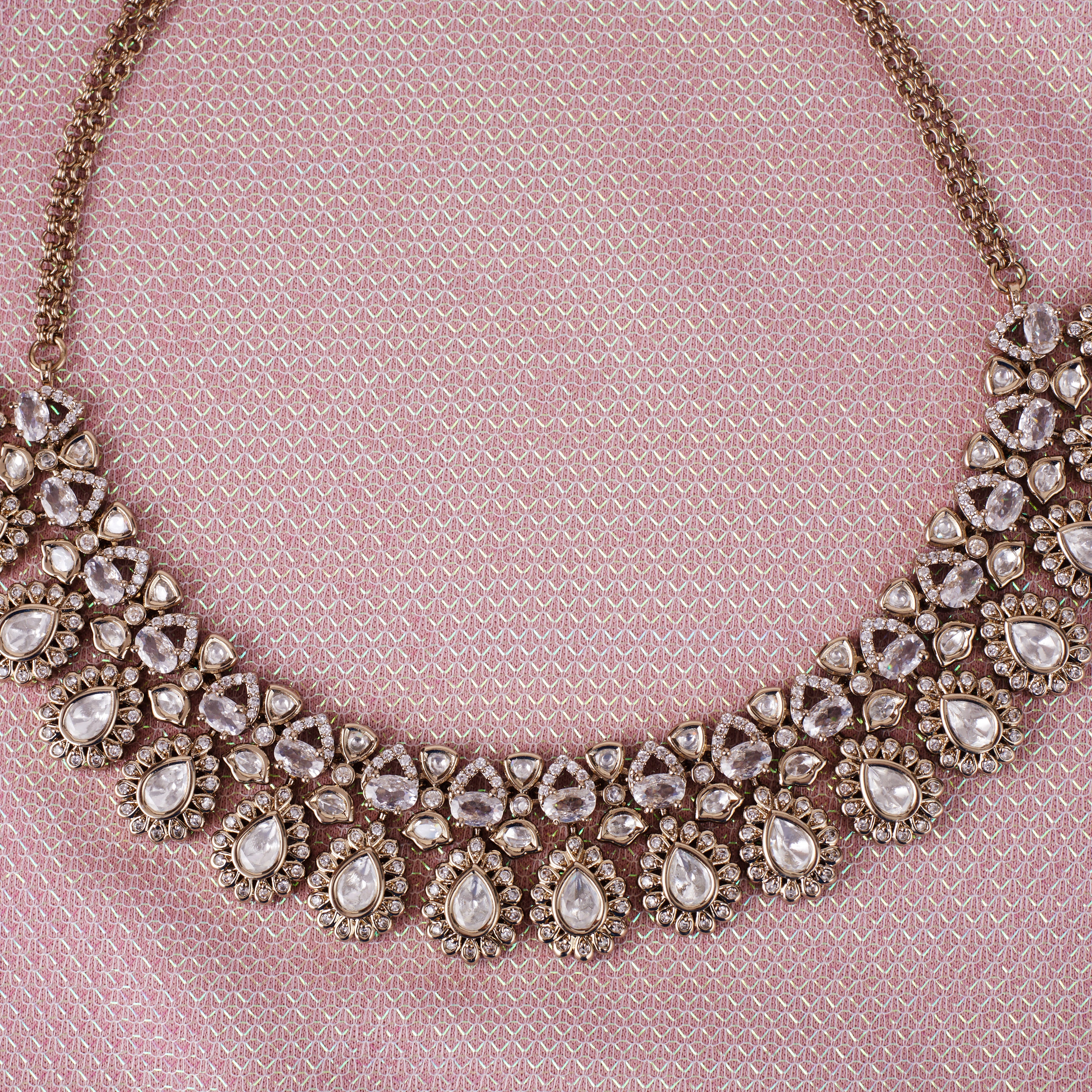 Oval Shape Uncut Kundan Stone Gold Plated Choker Necklace Set - White Choker Necklace Set by Yashwanti London
