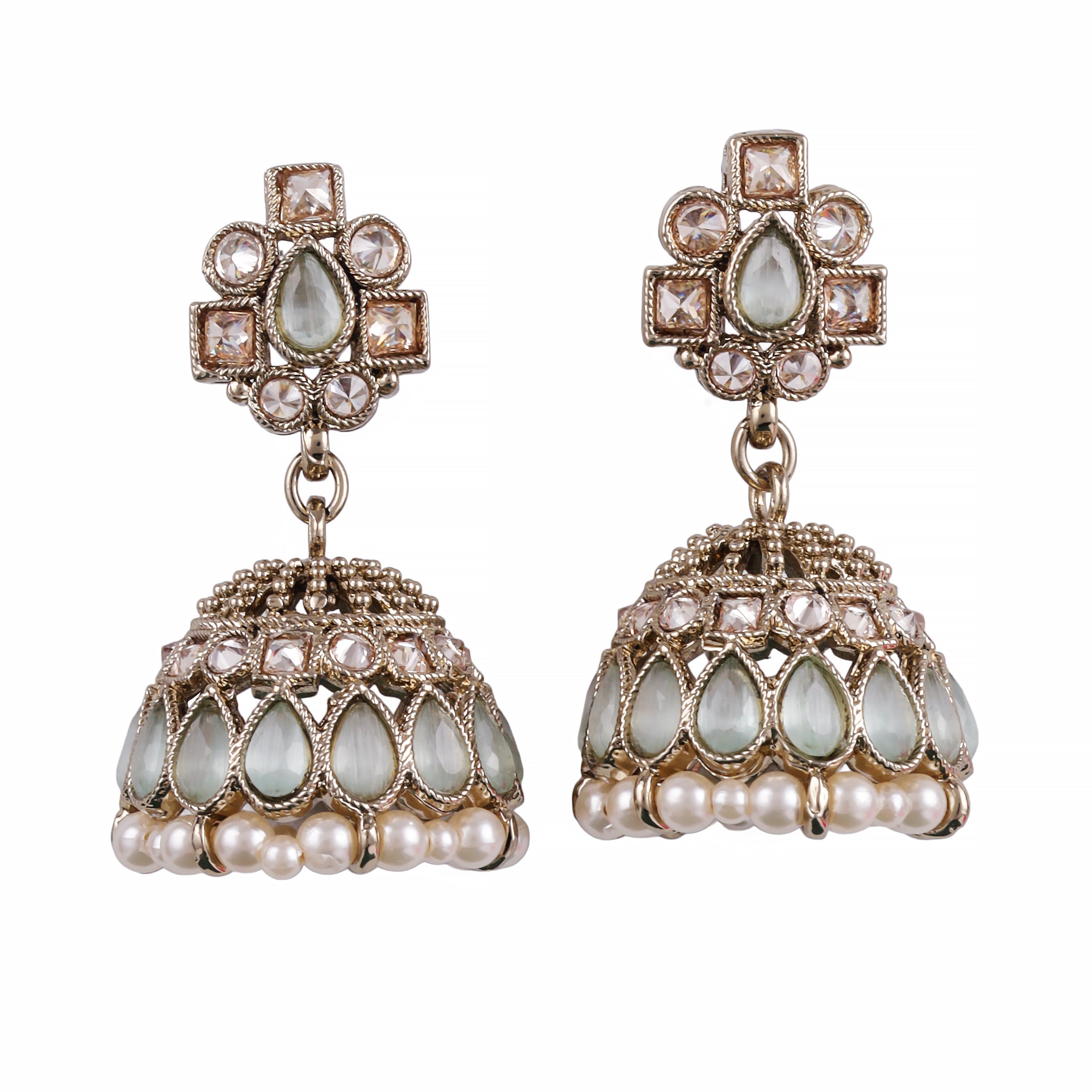 Oval Shape Sky Blue Uncut Kundan Stone Antique Gold Plated Jhumki Earrings - Sky Blue Jhumki Earrings by Yashwanti London