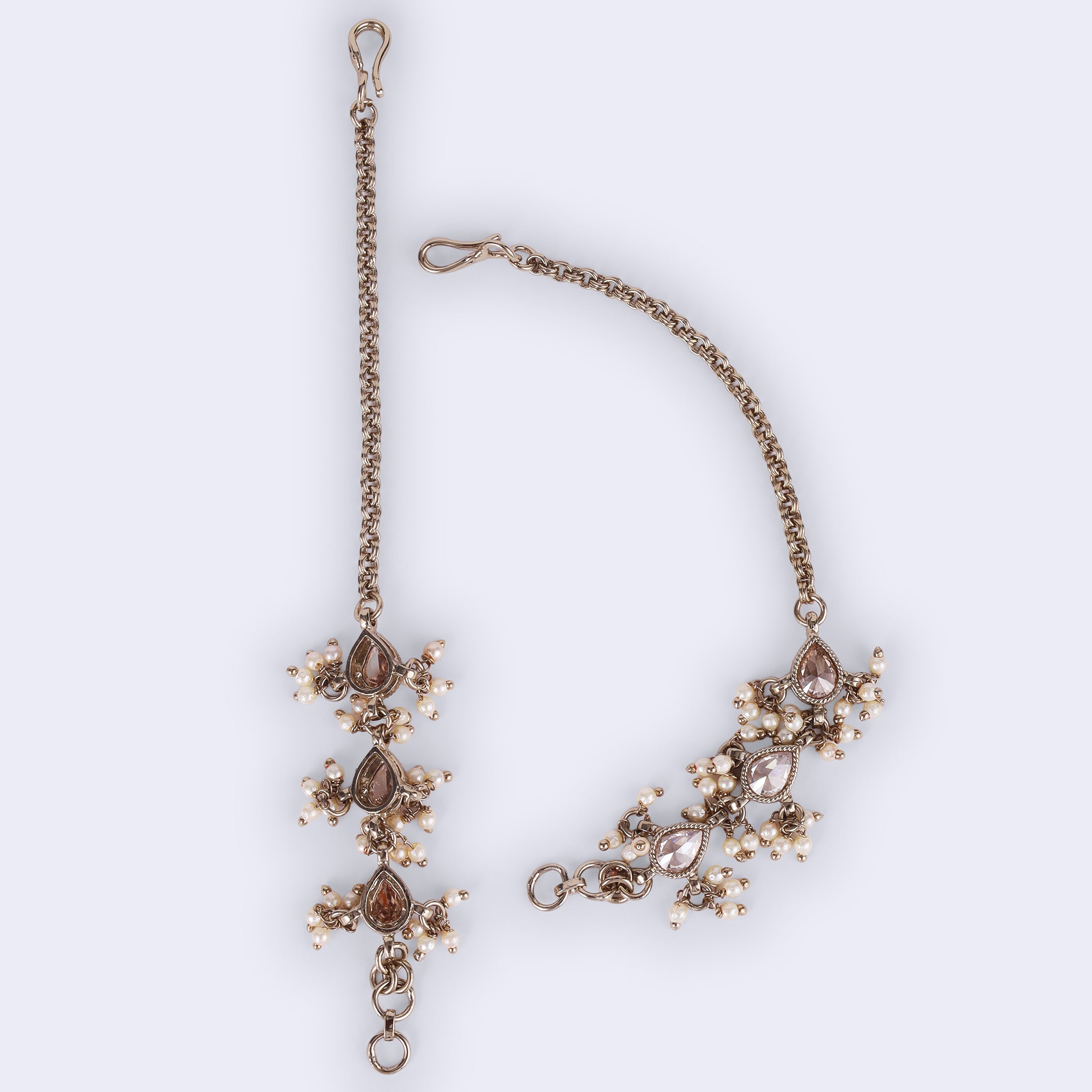 Oval Shape Long Chain Pearl/Kundan Gold Plated Ear Chain / Kaanchain - Brown Ear Chain / Kaanchain by Yashwanti London