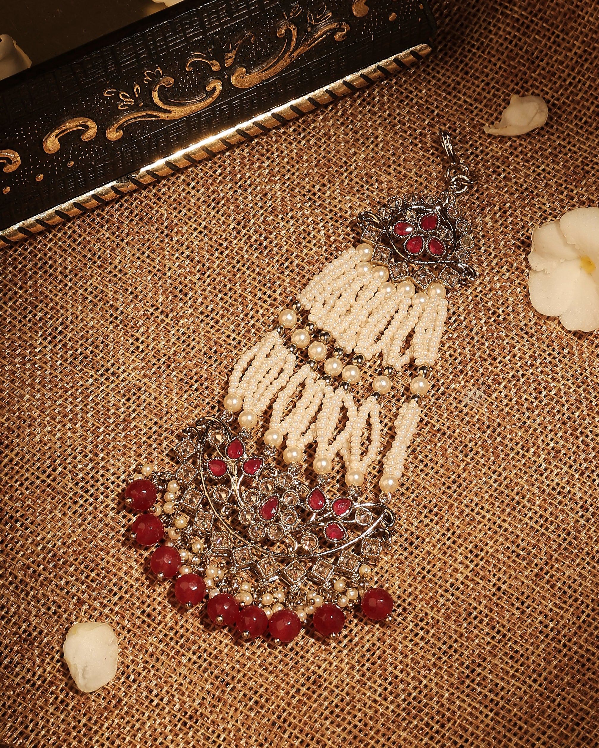 Flower and Leaf Design Uncut Kundan Gold Plated Passa / Matha Patti - Ruby Passa / Matha Patti by Yashwanti London