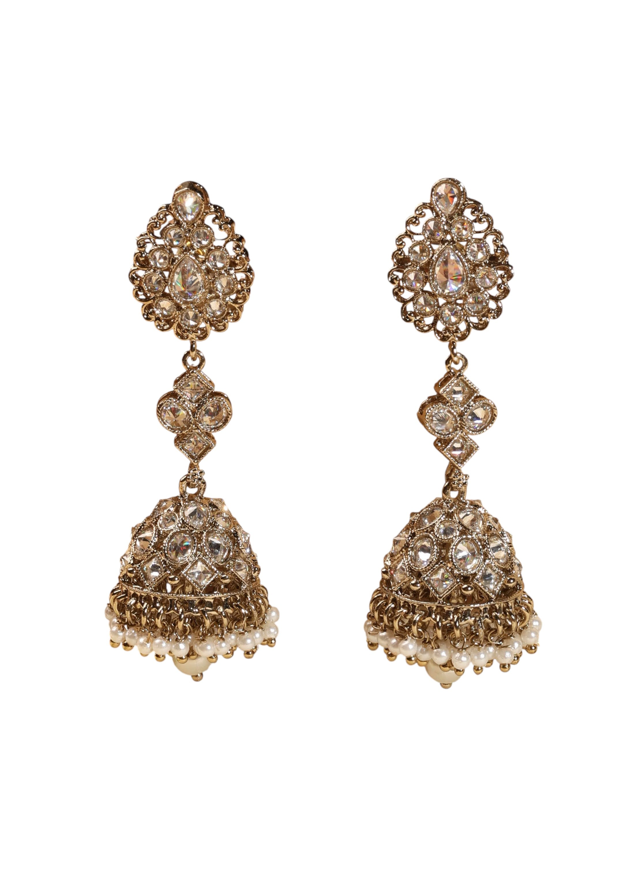 Oval Shape Uncut Kundan Antique Gold Plated Jhumki Earrings - White Jhumki Earrings by Yashwanti London