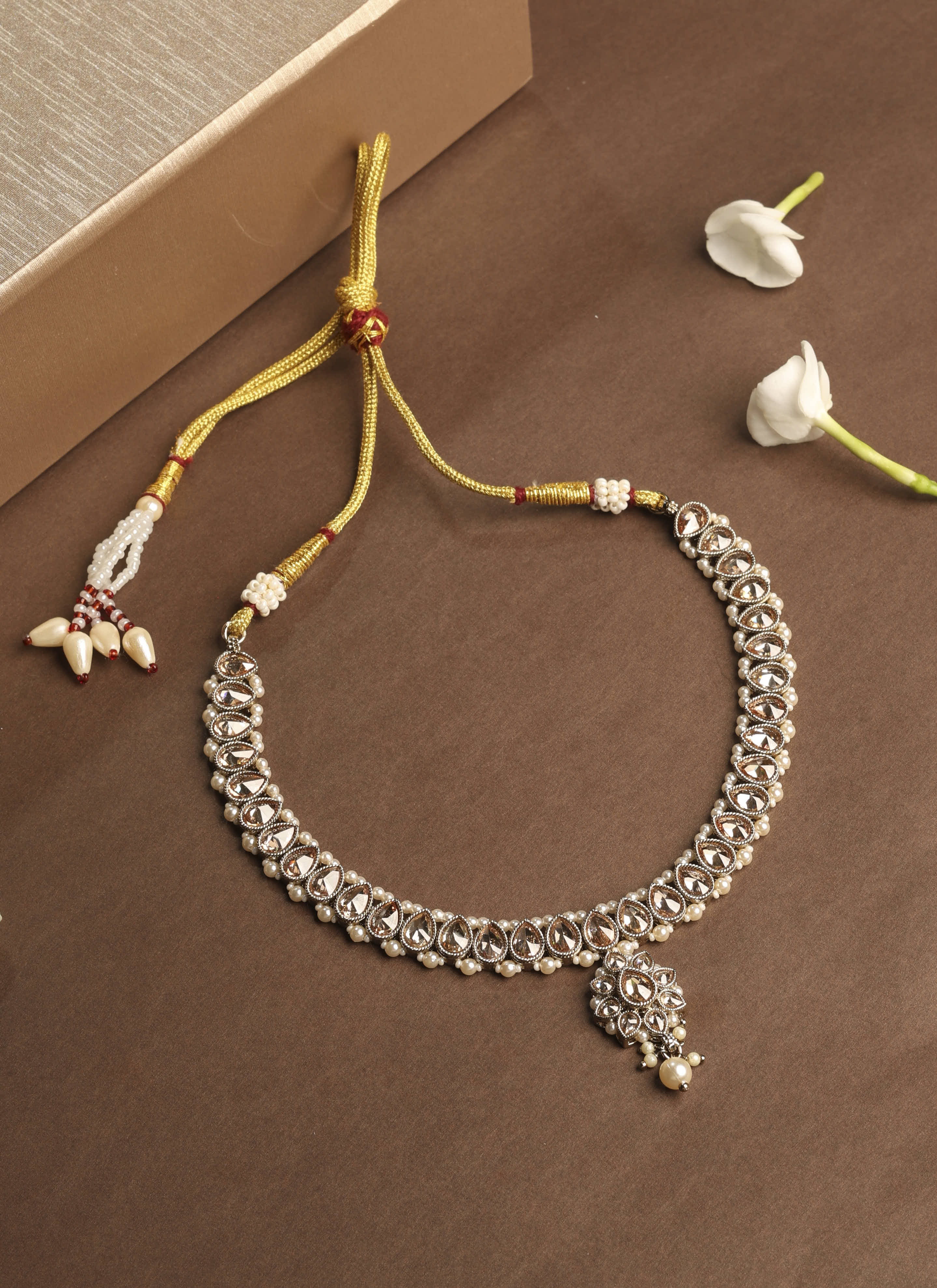 Flower and Oval Shape Uncut Kundan Antique Gold Plated Choker Necklace Set - Brown Choker Necklace Set by Yashwanti London