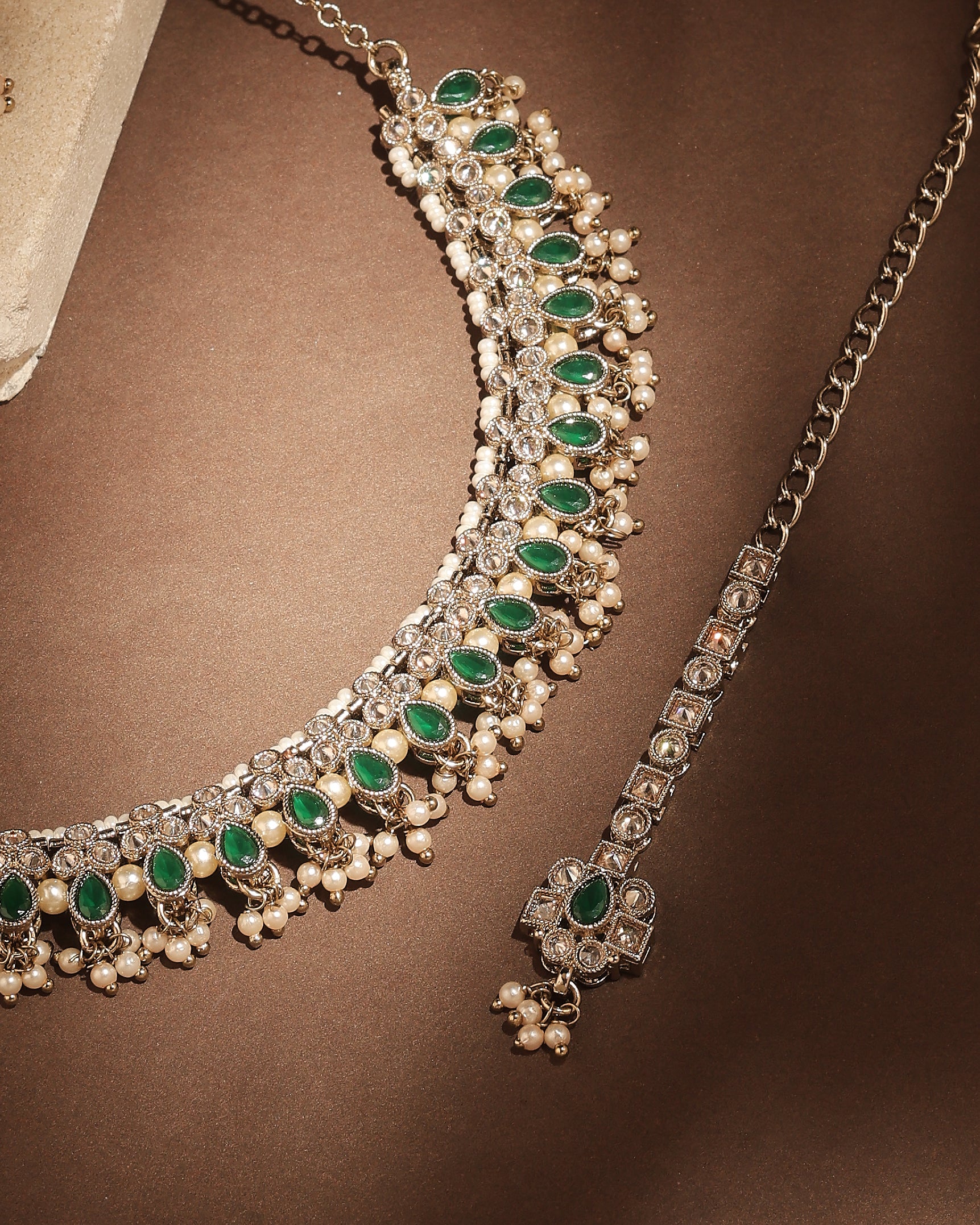 Pear Shape Pearl Guchha Uncut Kundan Antique Gold Plated Necklace Set With Maang Tikka - Green Necklace Set With Maang Tikka by Yashwanti London