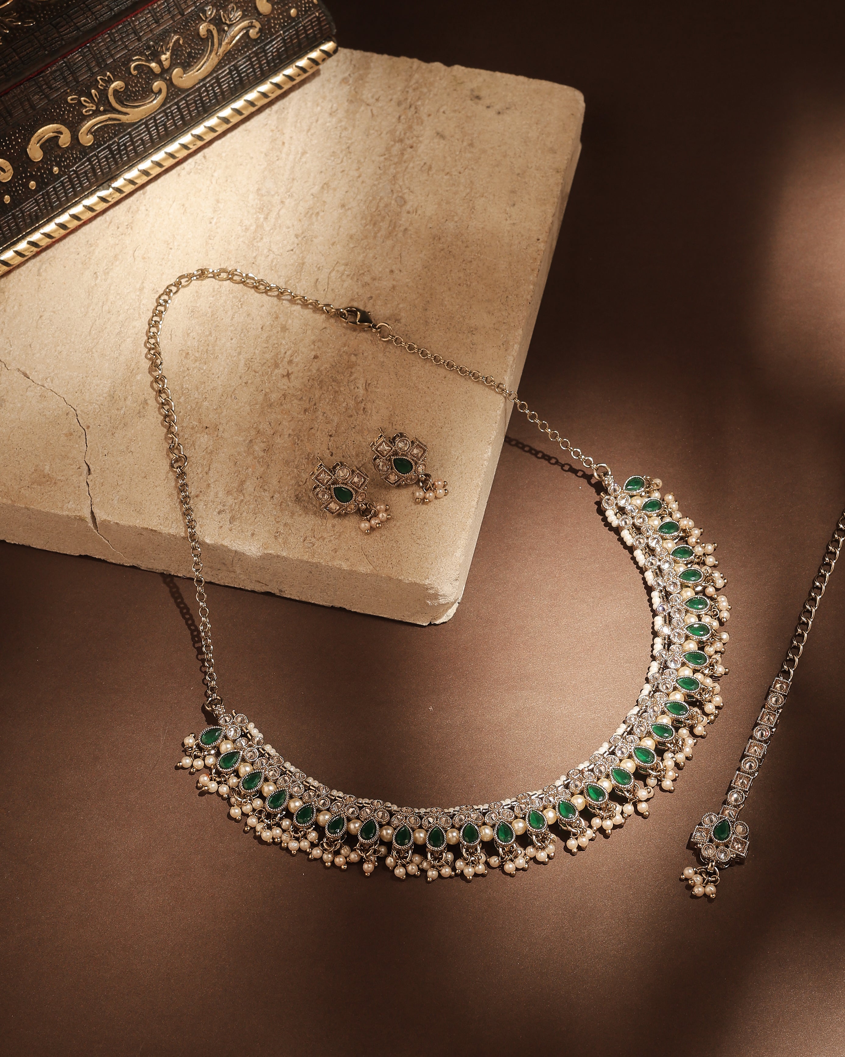 Pear Shape Pearl Guchha Uncut Kundan Antique Gold Plated Necklace Set With Maang Tikka - Green Necklace Set With Maang Tikka by Yashwanti London