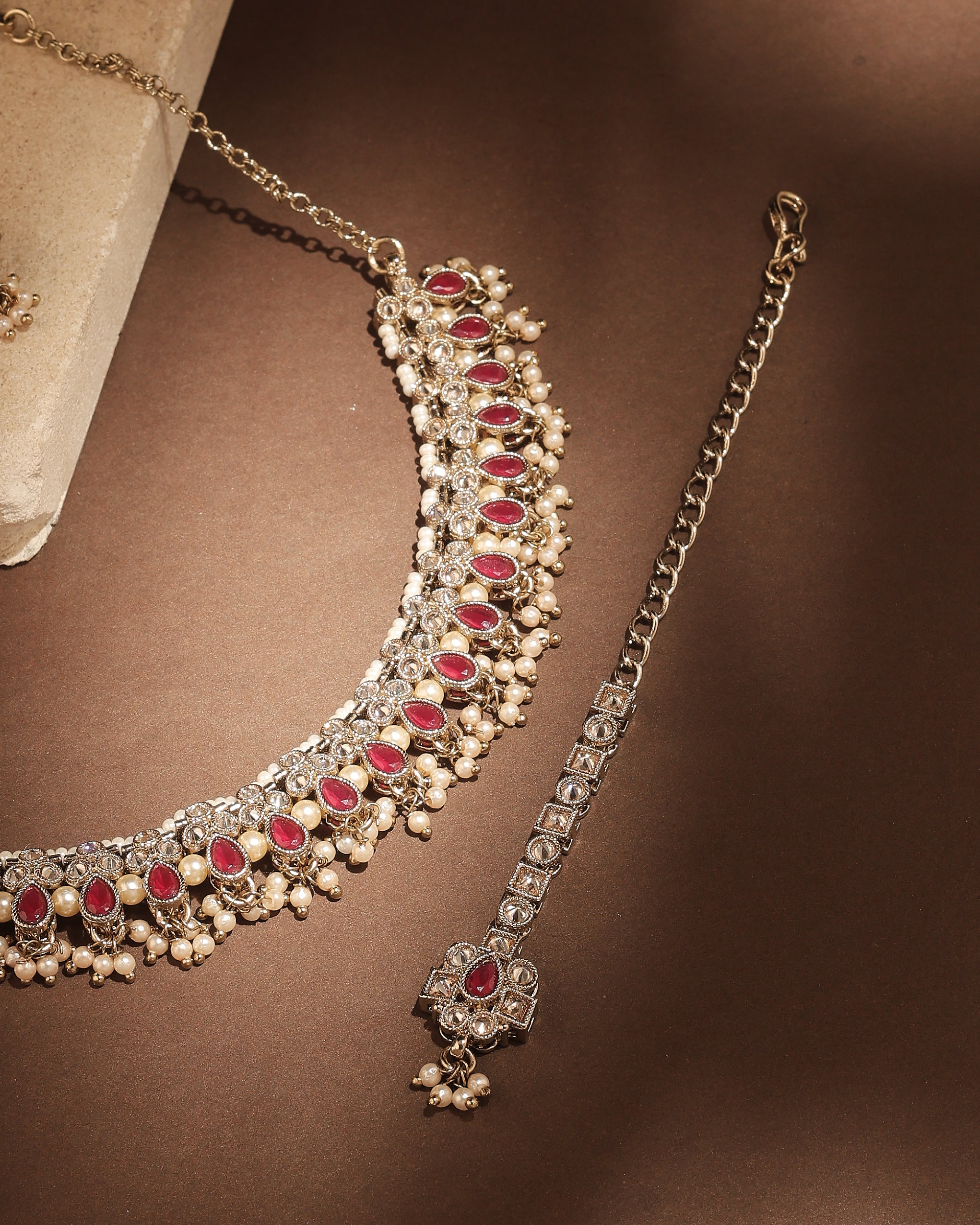 Pear Shape Pearl Guchha Uncut Kundan Antique Gold Plated Necklace Set With Maang Tikka - Red Necklace Set With Maang Tikka by Yashwanti London