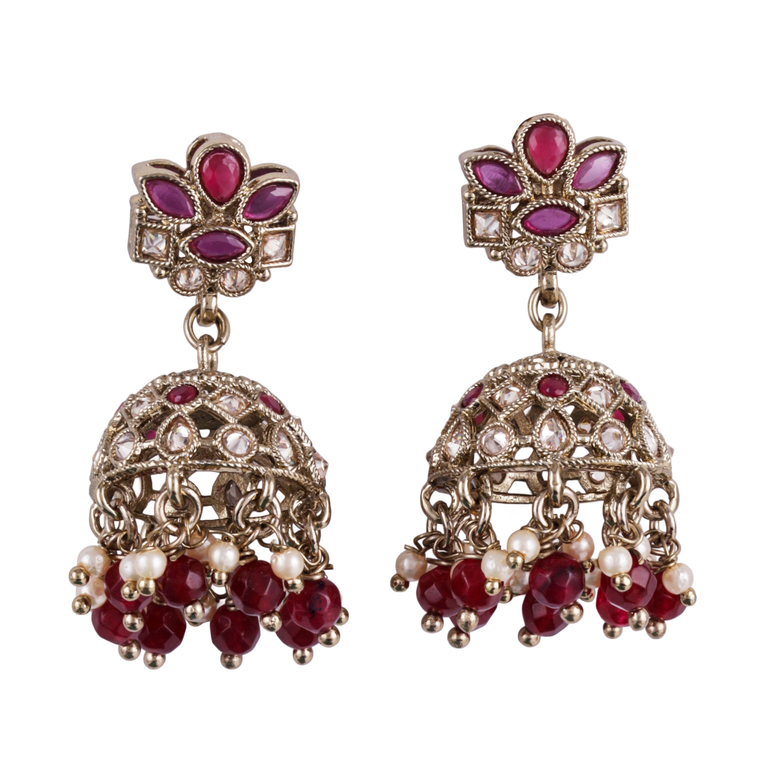 Flower Design Maroon Uncut Kundan Stone Antique Gold Plated Jhumki Earrings - Maroon Jhumki Earrings by Yashwanti London