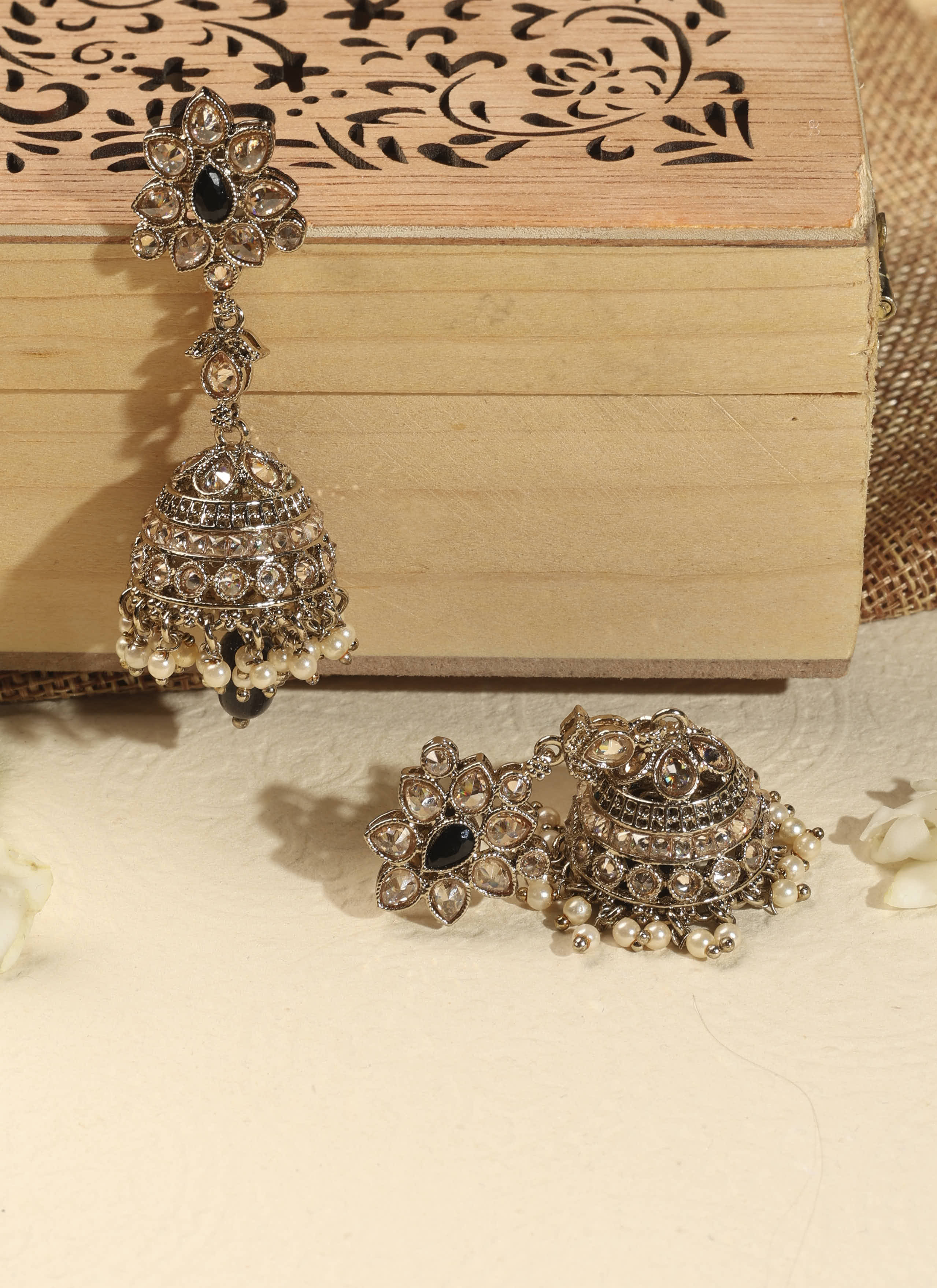 Flower and Oval Shape Uncut Kundan Antique Gold Plated Jhumki Earrings - Black Jhumki Earrings by Yashwanti London