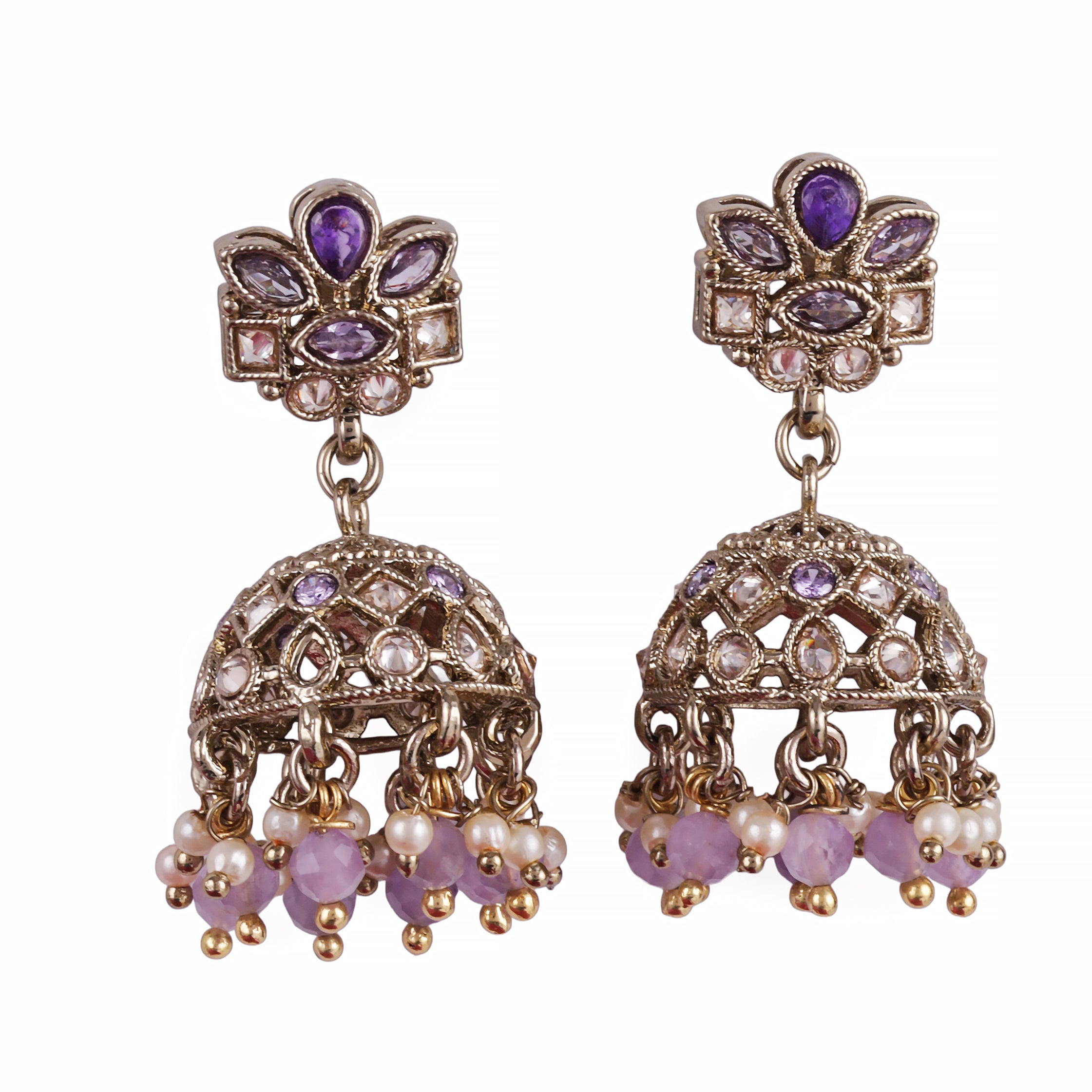 Flower Design Purple Uncut Kundan Stone Antique Gold Plated Jhumki Earrings - Purple Jhumki Earrings by Yashwanti London