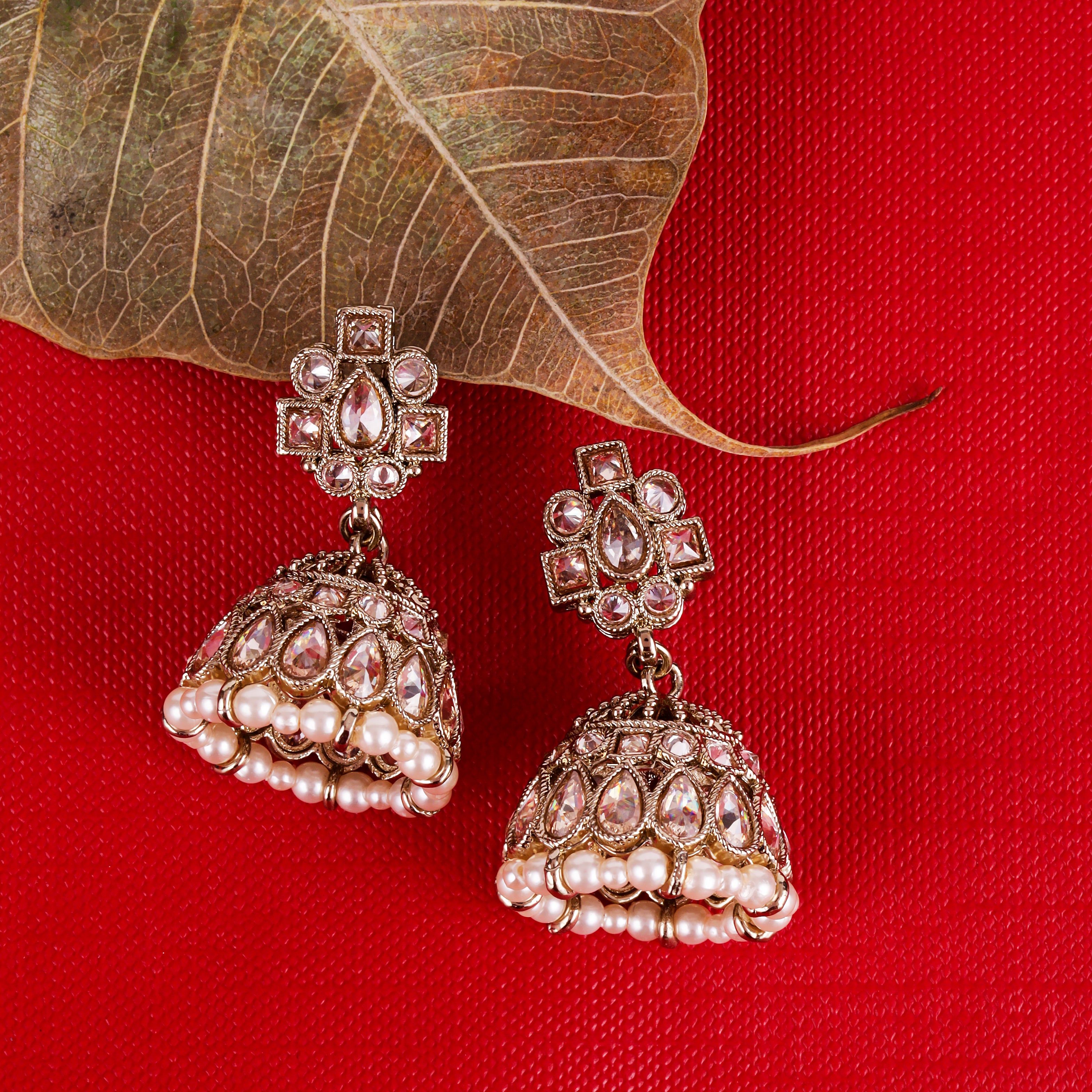 Oval Shape Brown Uncut Kundan Stone Antique Gold Plated Jhumki Earrings - Brown Jhumki Earrings by Yashwanti London