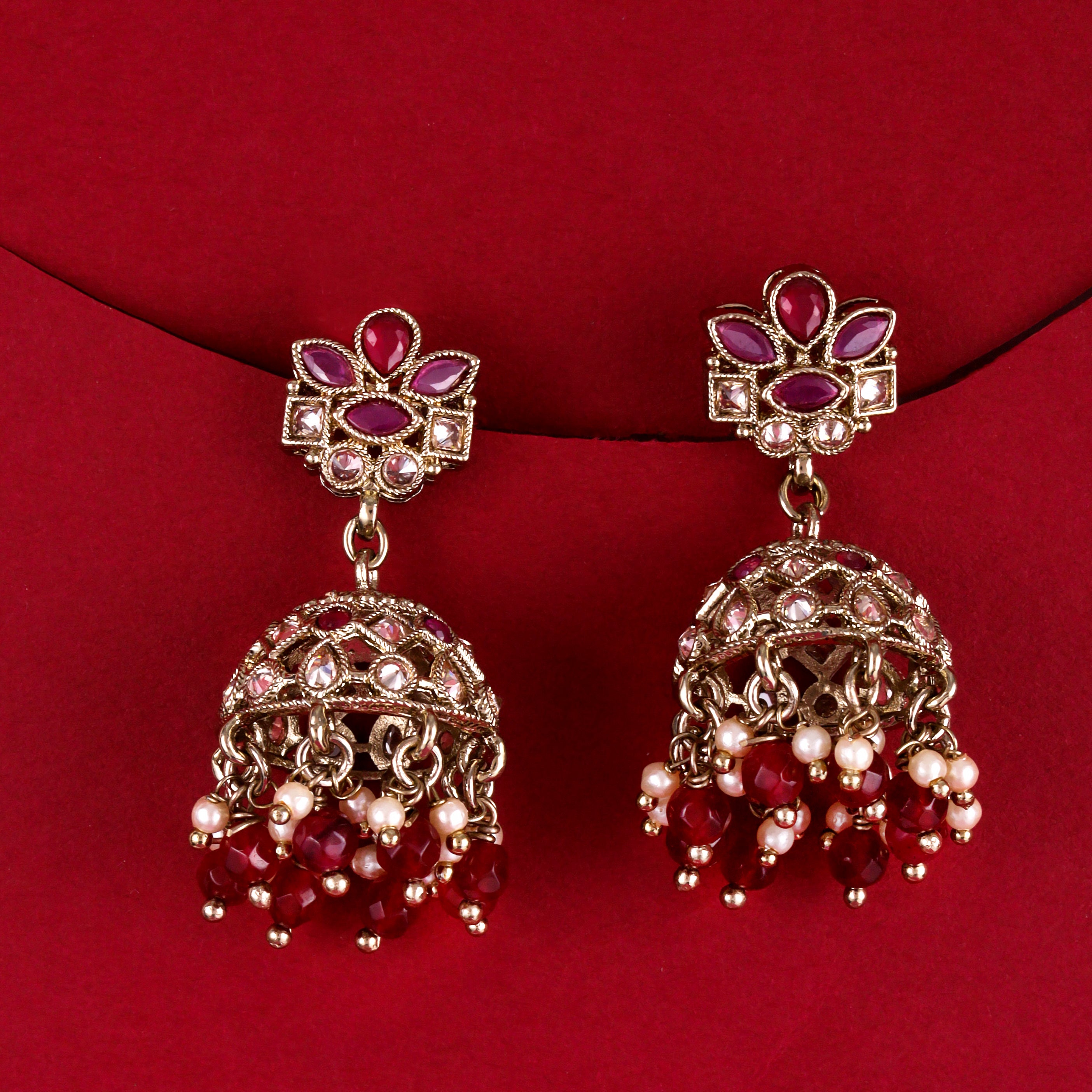 Flower Design Maroon Uncut Kundan Stone Antique Gold Plated Jhumki Earrings - Maroon Jhumki Earrings by Yashwanti London