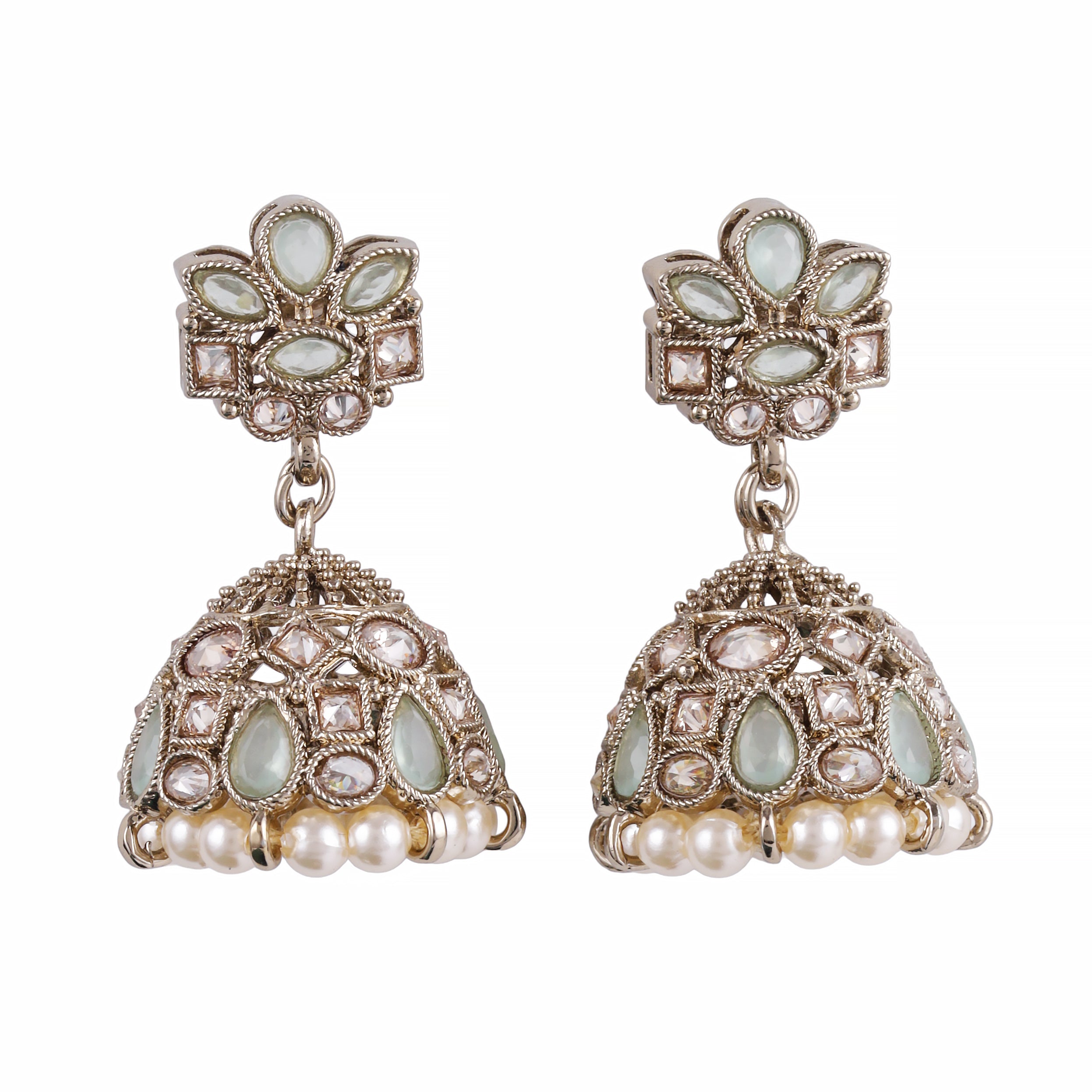 Flower Design Sky Blue Uncut Kundan Stone Antique Gold Plated Jhumki Earrings - Sky Blue Jhumki Earrings by Yashwanti London